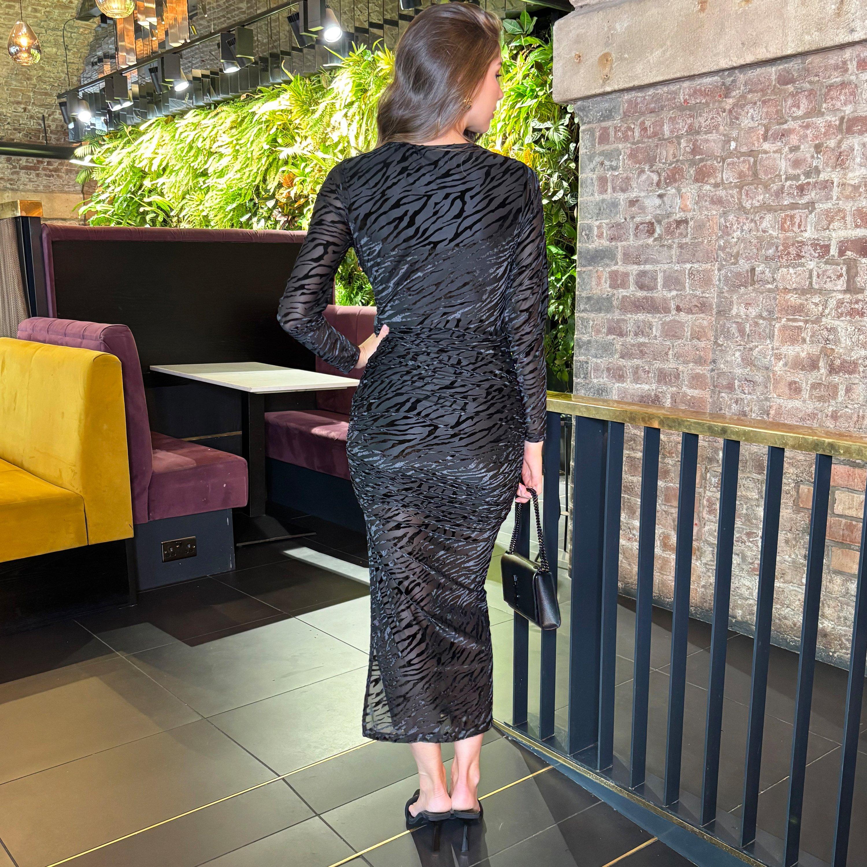 Black - AX Paris - Velvet Zebra Striped Overlay Long Sleeve Midi Dress - 2