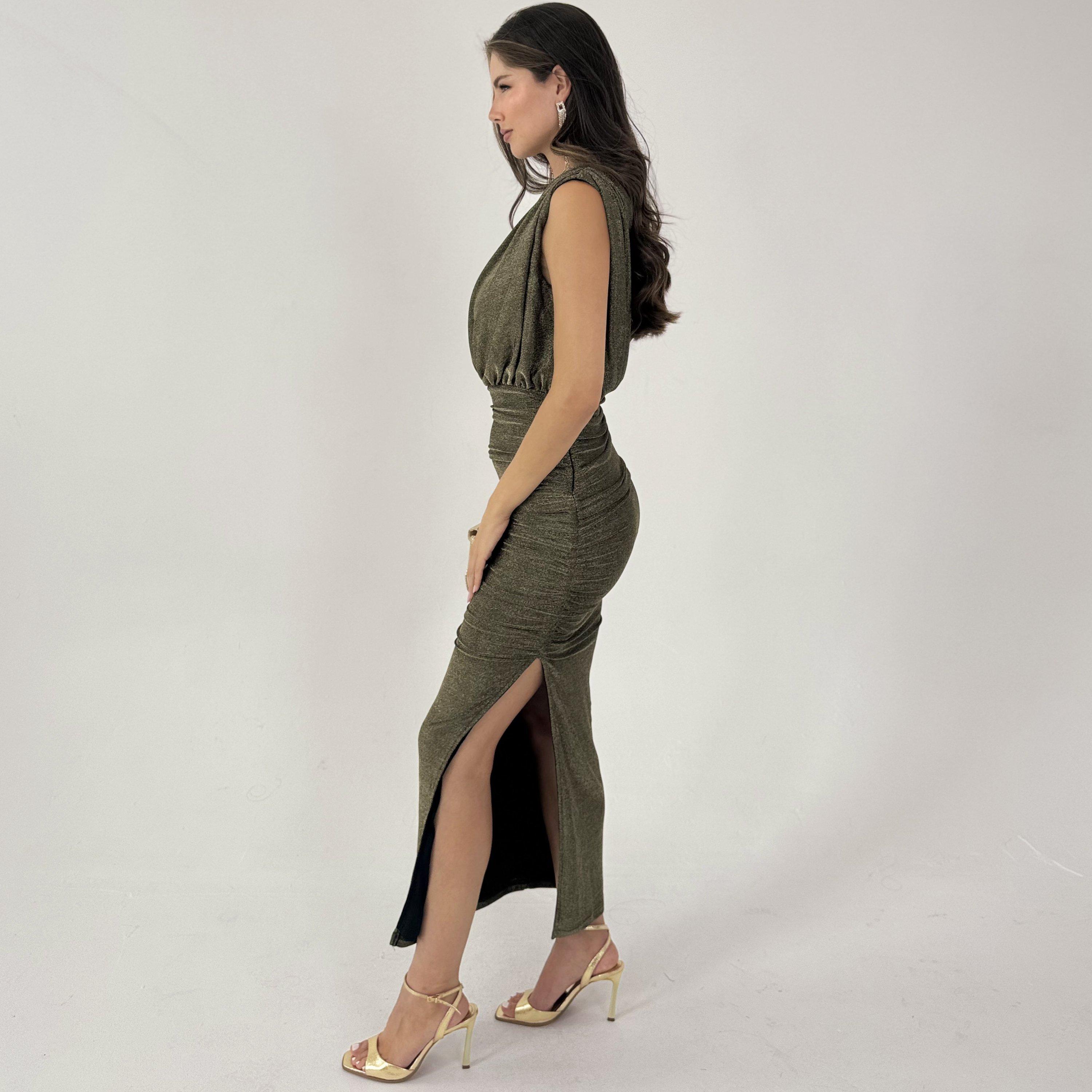 Gold - AX Paris - Sparkle Off The Shoulder Draped Top Midi Dress - 4