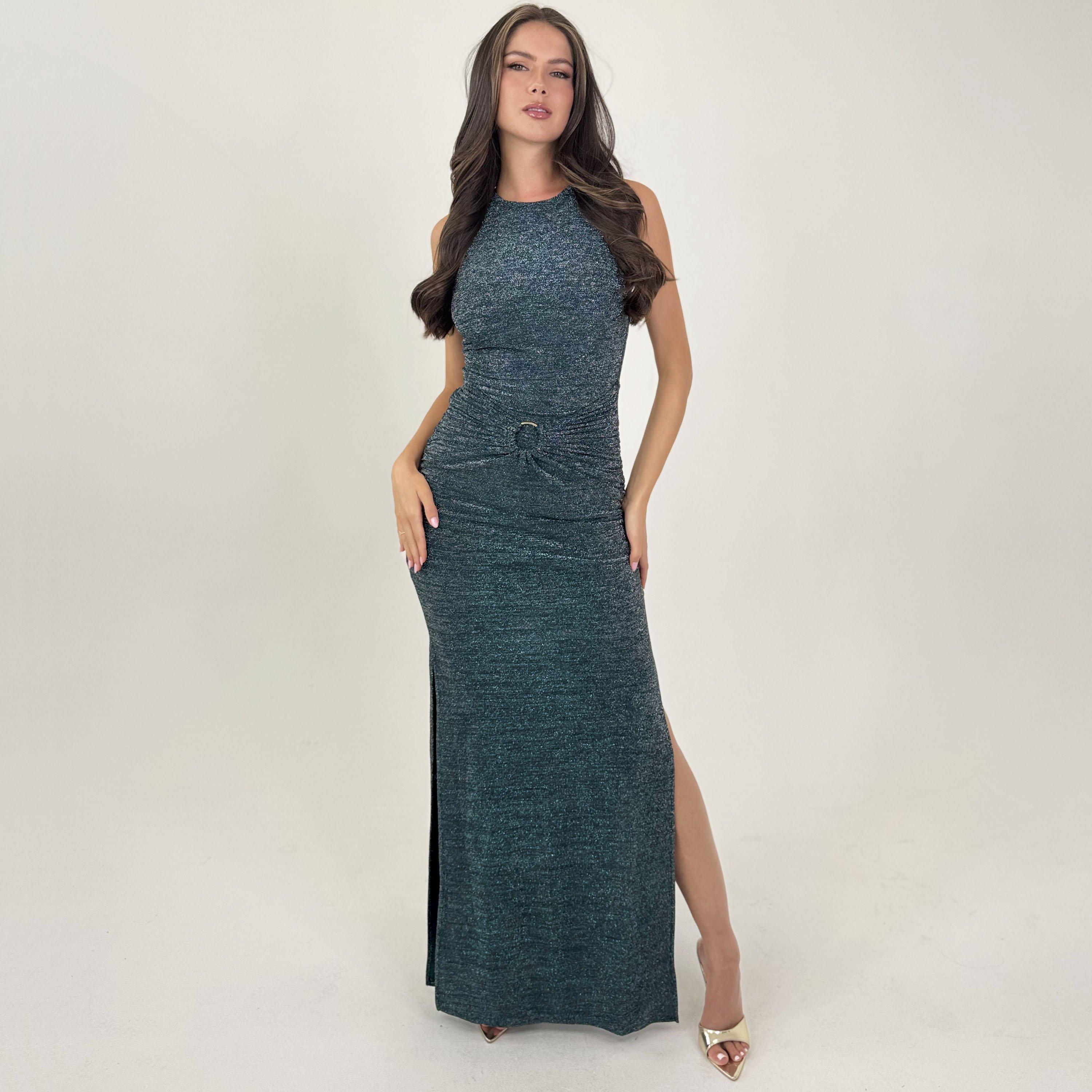Teal - AX Paris - Teal Sparkle O-Ring Detail Bodycon Midi Dress - 1