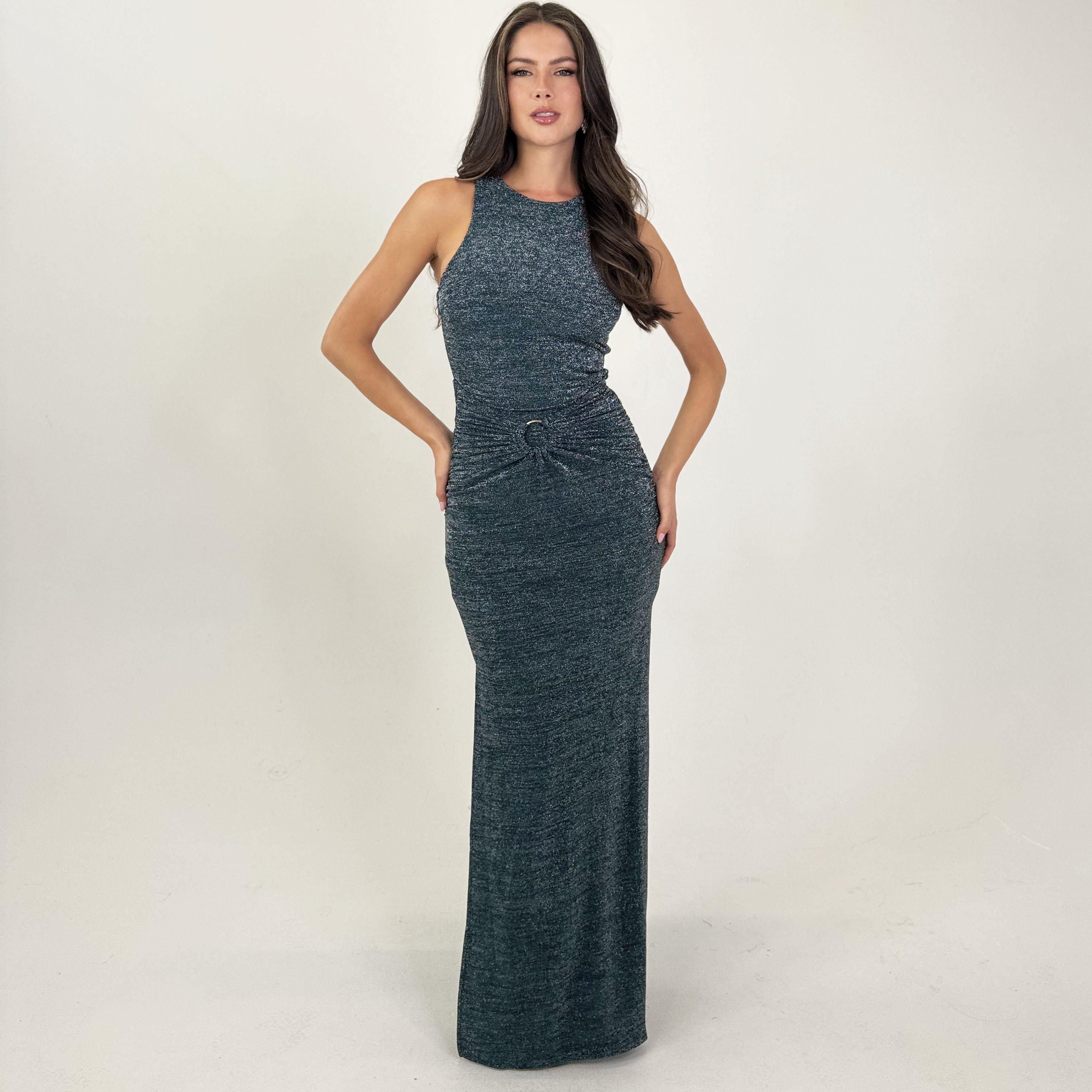 Teal - AX Paris - Sparkle O-Ring Detail Bodycon Midi Dress - 3