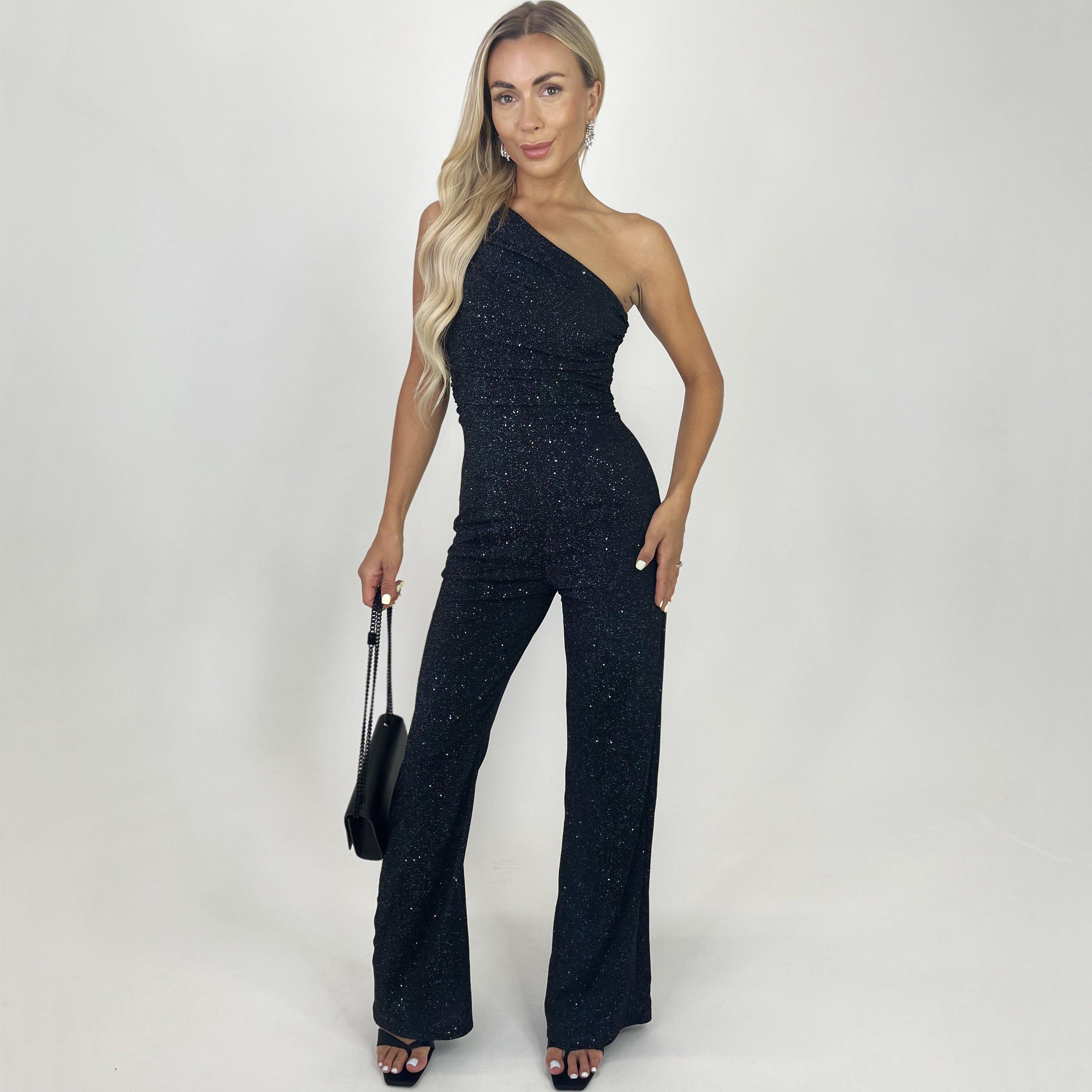 Black - AX Paris - Black Sparkle One Shoulder Ruched Top Jumpsuit - 1