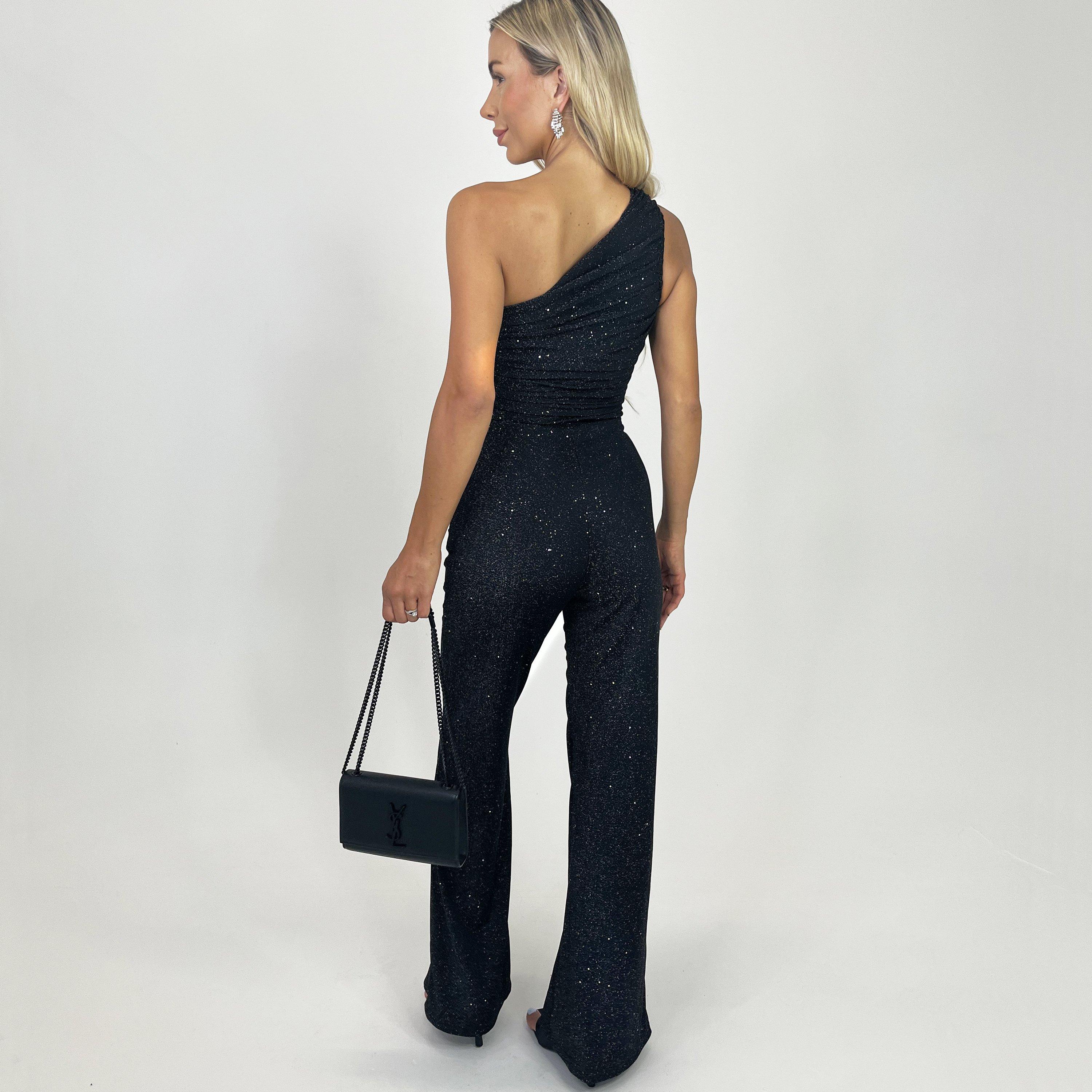 Black - AX Paris - Sparkle One Shoulder Ruched Top Jumpsuit - 2