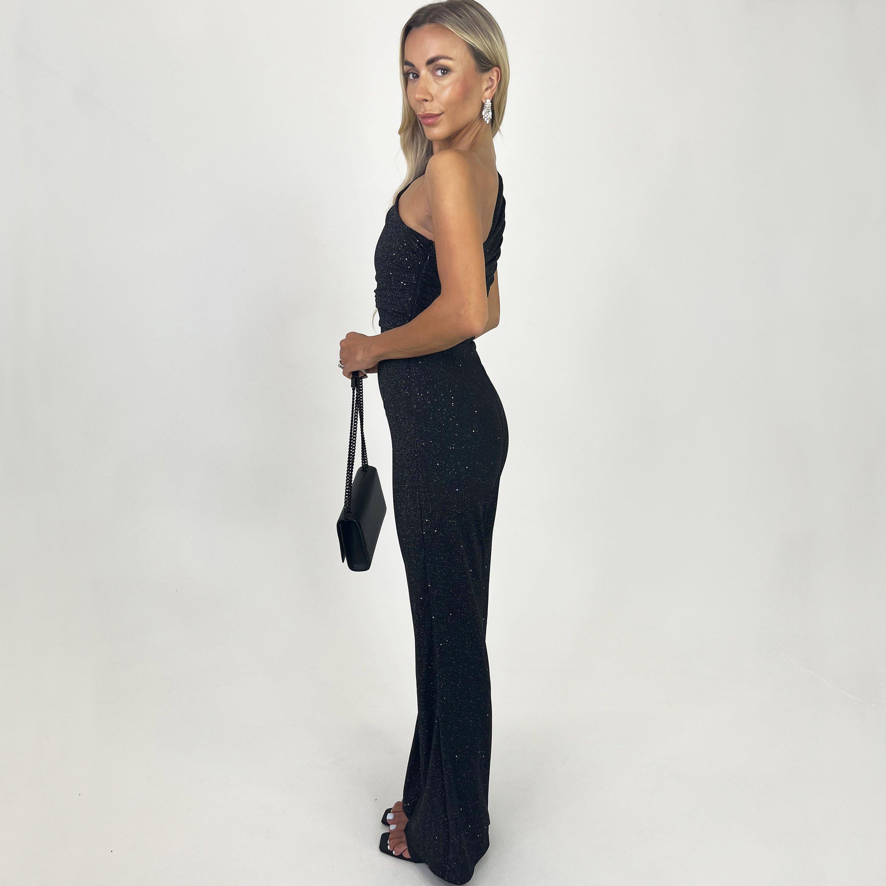 AX Paris Black Sparkle One Shoulder Ruched Top Jumpsuit | Sports