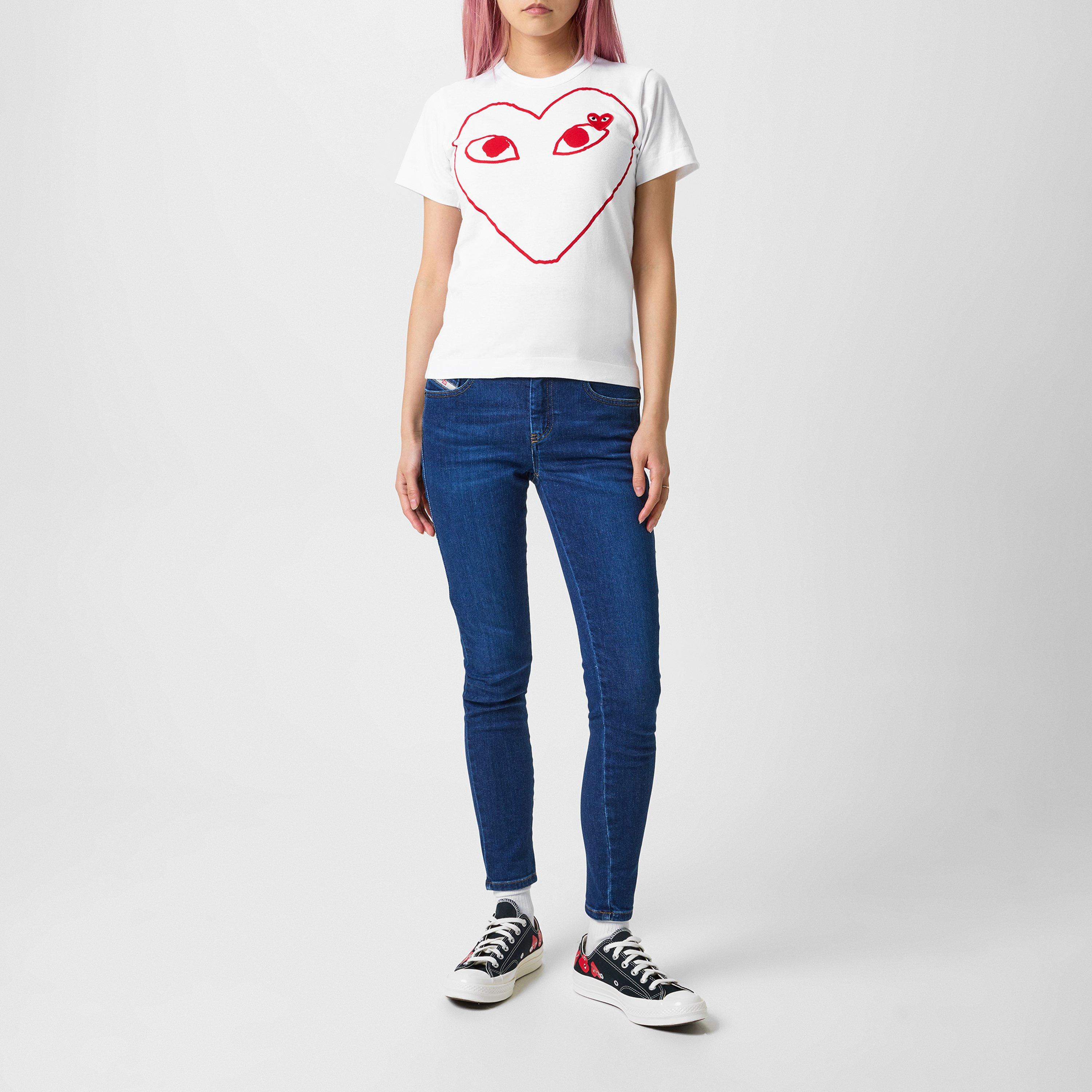 White/Red - Comme des Garcons PLAY - Peeping Heart Outline T-Shirt - 6