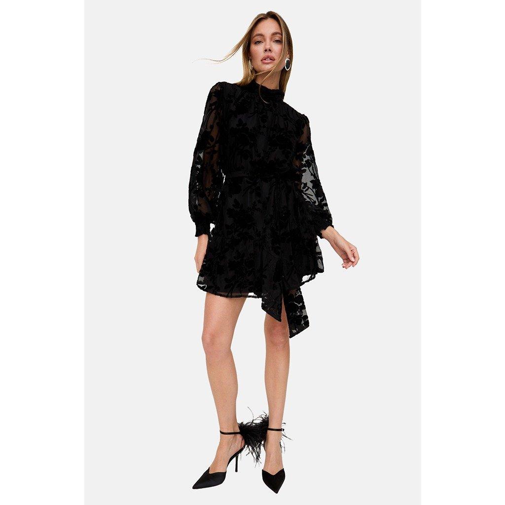 Burgundy - Lily and Lionel - Lily and Lionel Brezze High Neck Velvet Burnout Mini Dress In Black - 1
