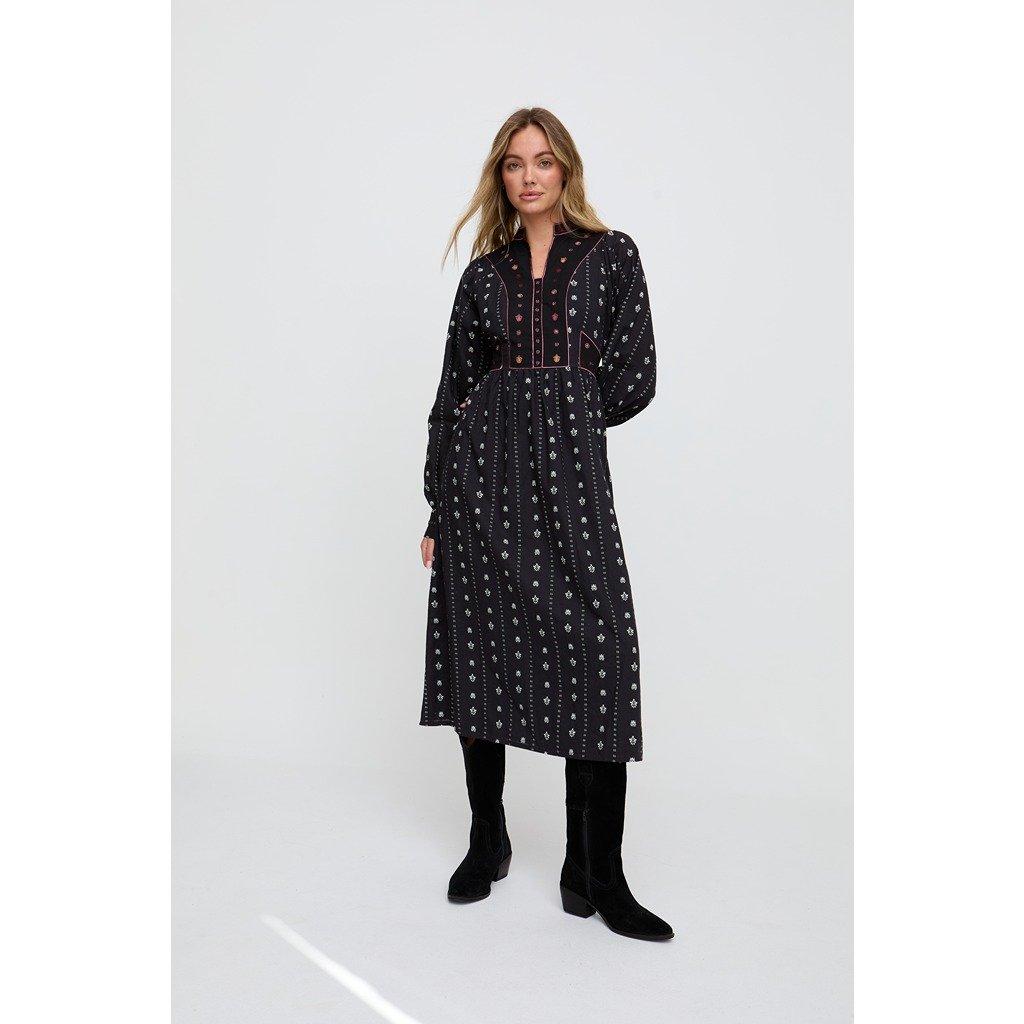 Black - Raffya - Raffya Ocean Elasticated Back Embroidered Maxi Dress In Black - 1
