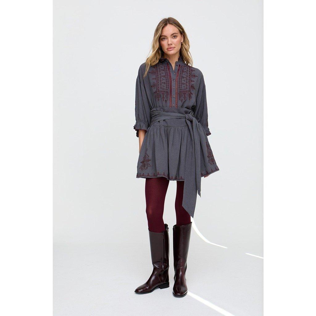 Raffya Women's Julie Ruffle Neck Embroidered Shirt In Dark Grey - Charcoal - 16 (XL)