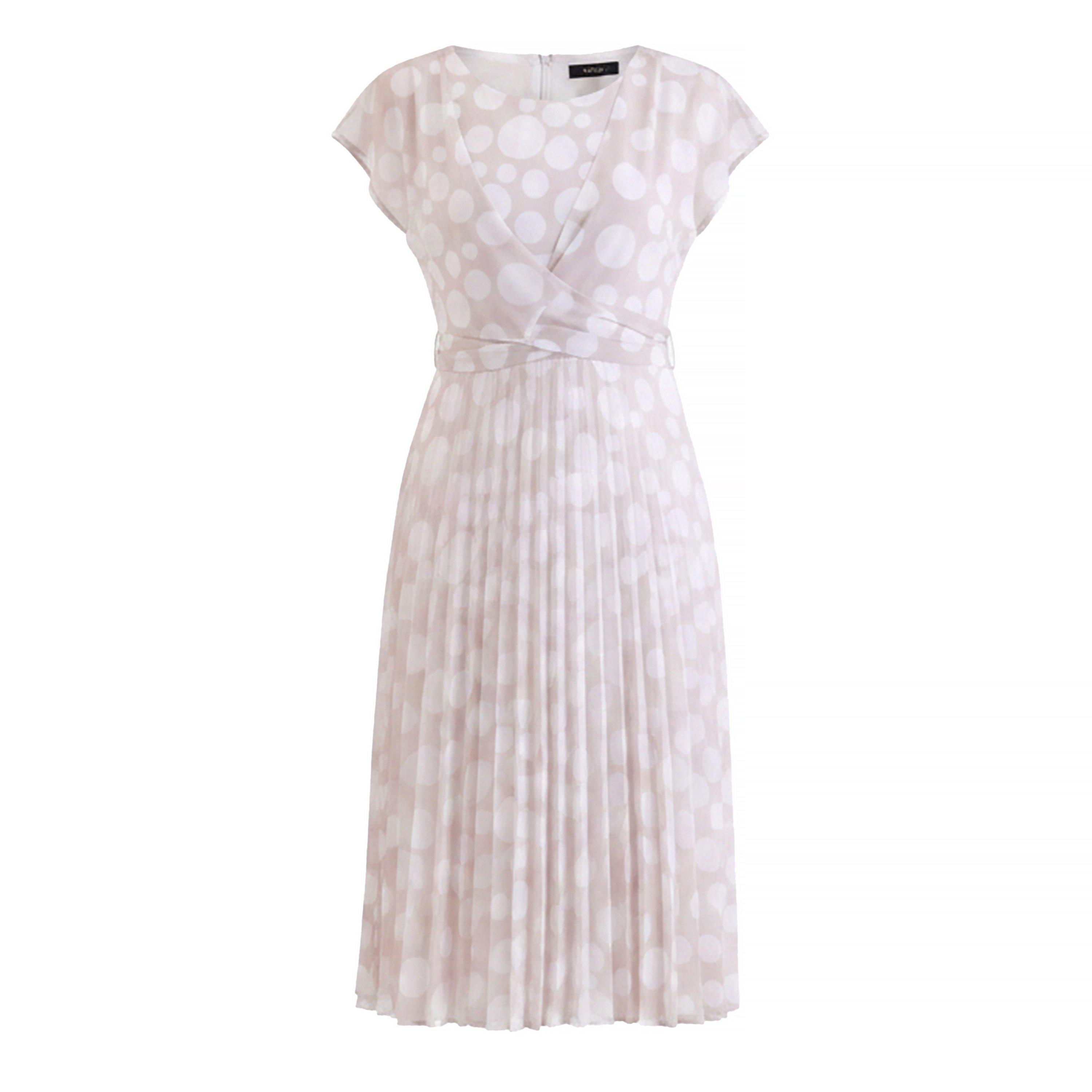 Ella Polka Dot Pleated Midi Dress in Stone or Navy