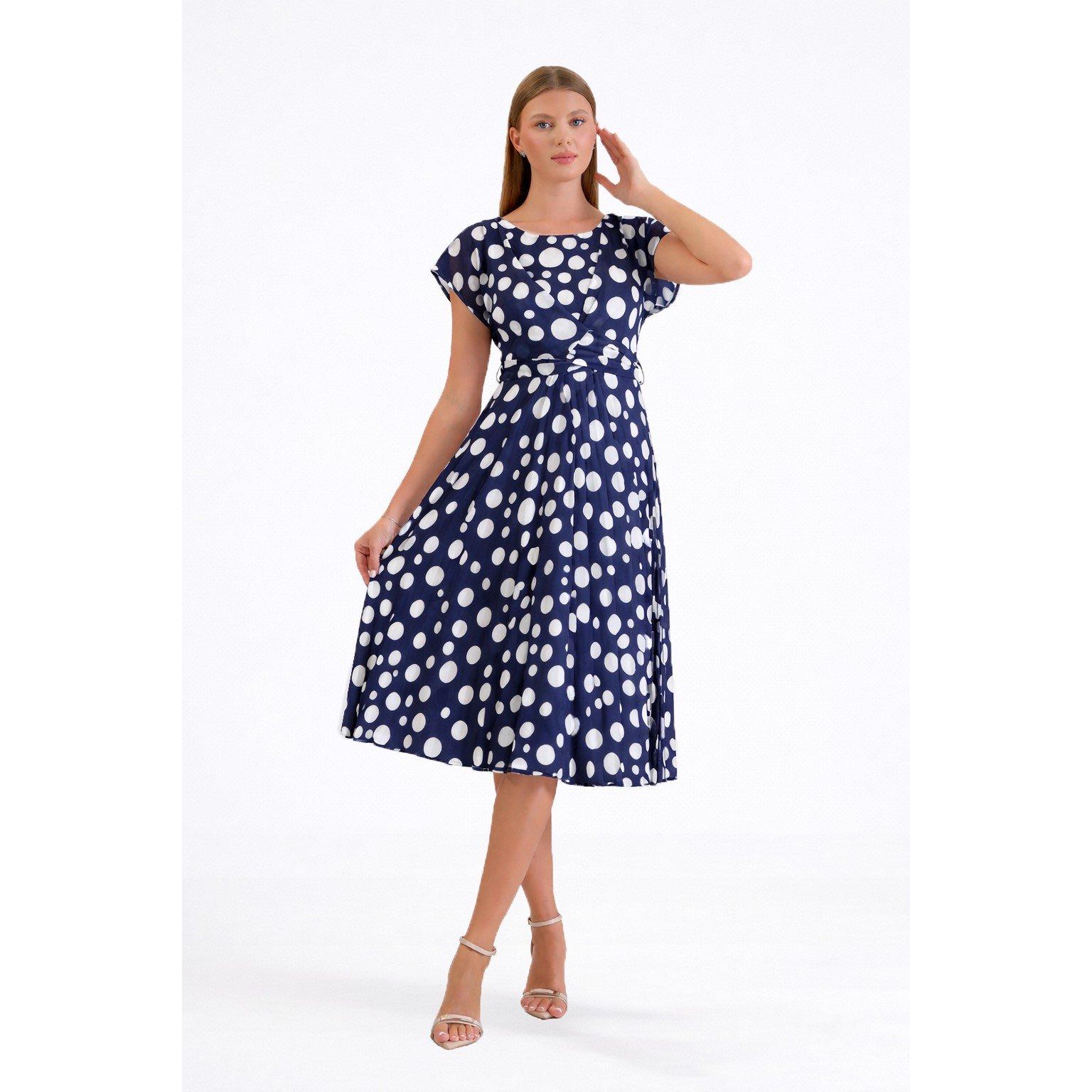 Navy - Ella Boo - Ella Polka Dot Pleated Midi Dress in Stone or Navy - 3