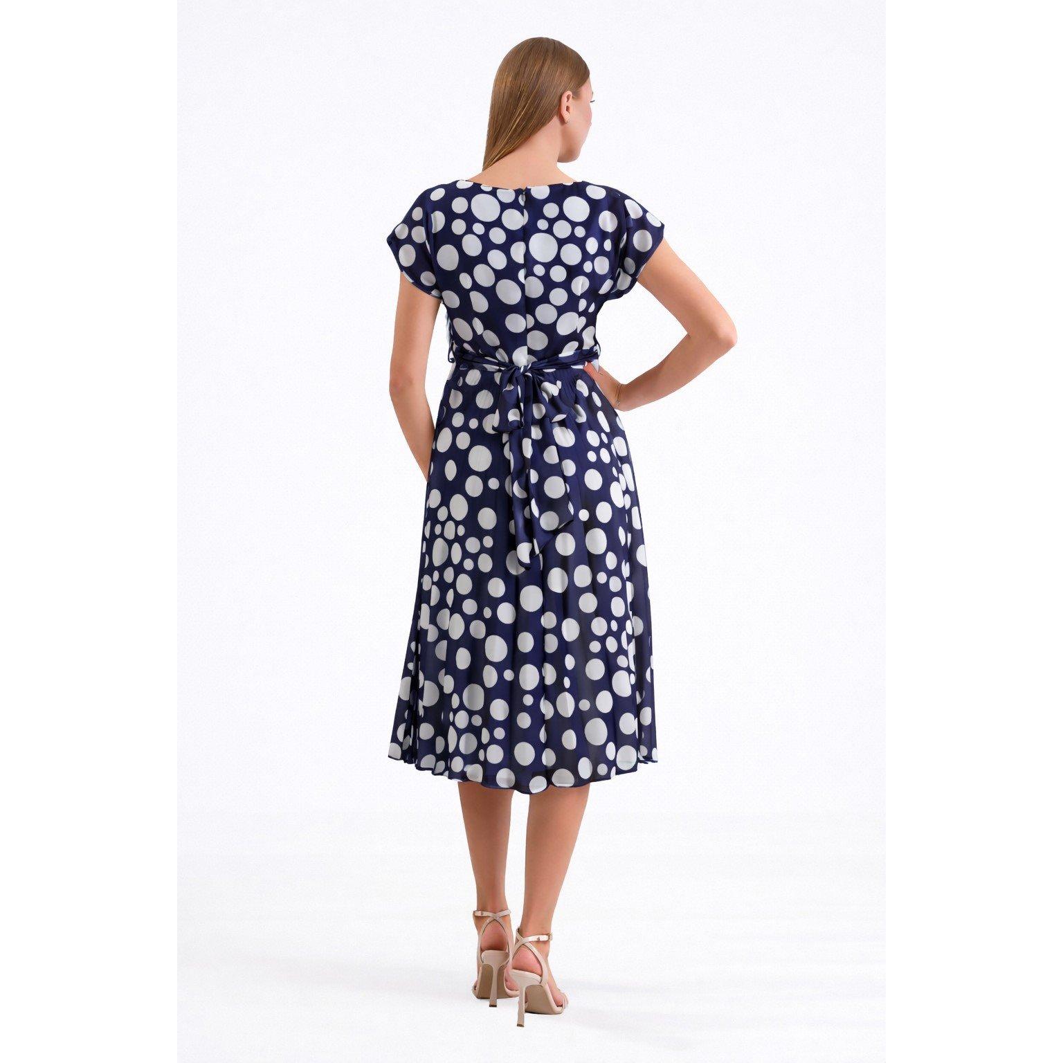 Navy - Ella Boo - Ella Polka Dot Pleated Midi Dress in Stone or Navy - 4