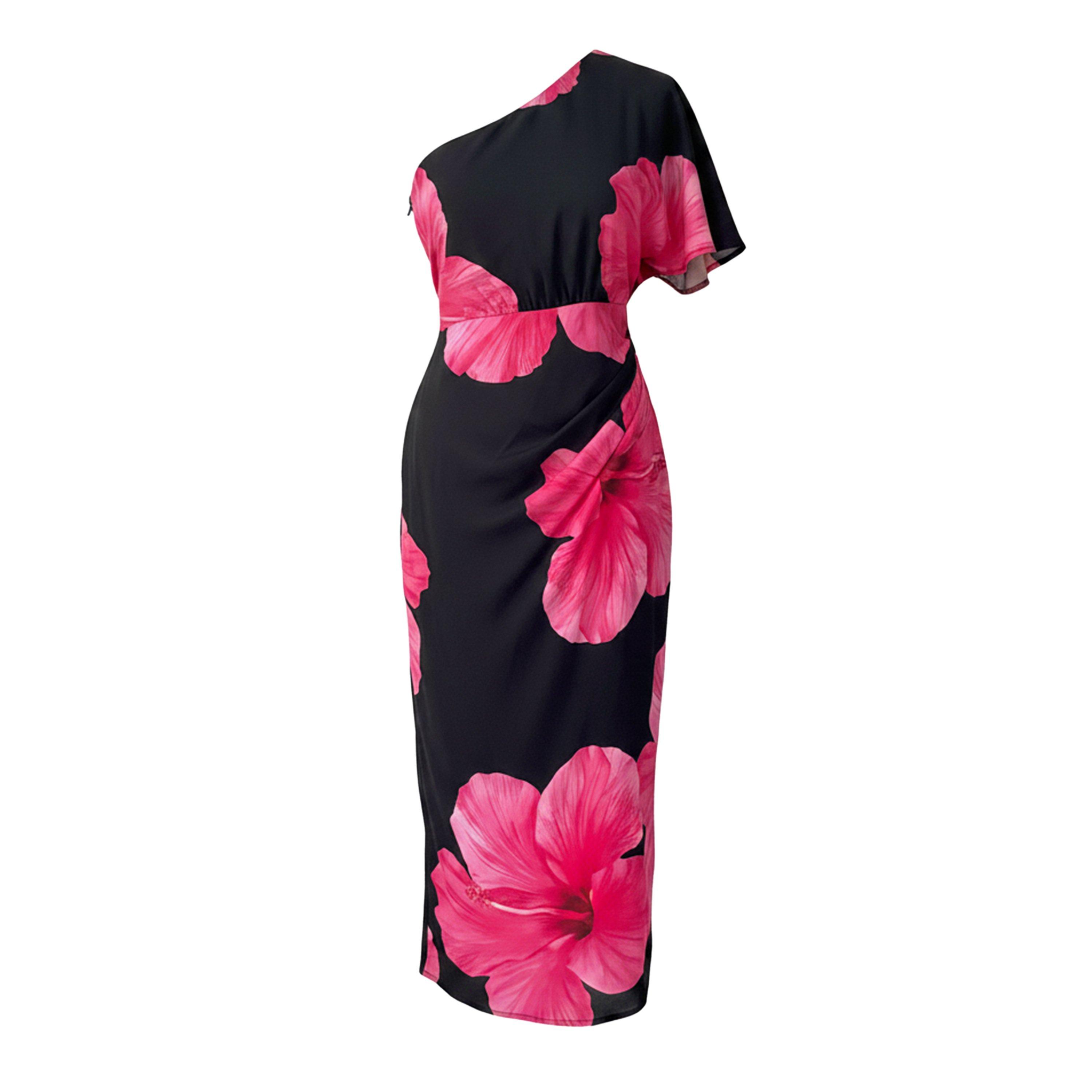 Black - AX Paris - Black And Magenta Floral Print One Sleeve Midi Dress - 1