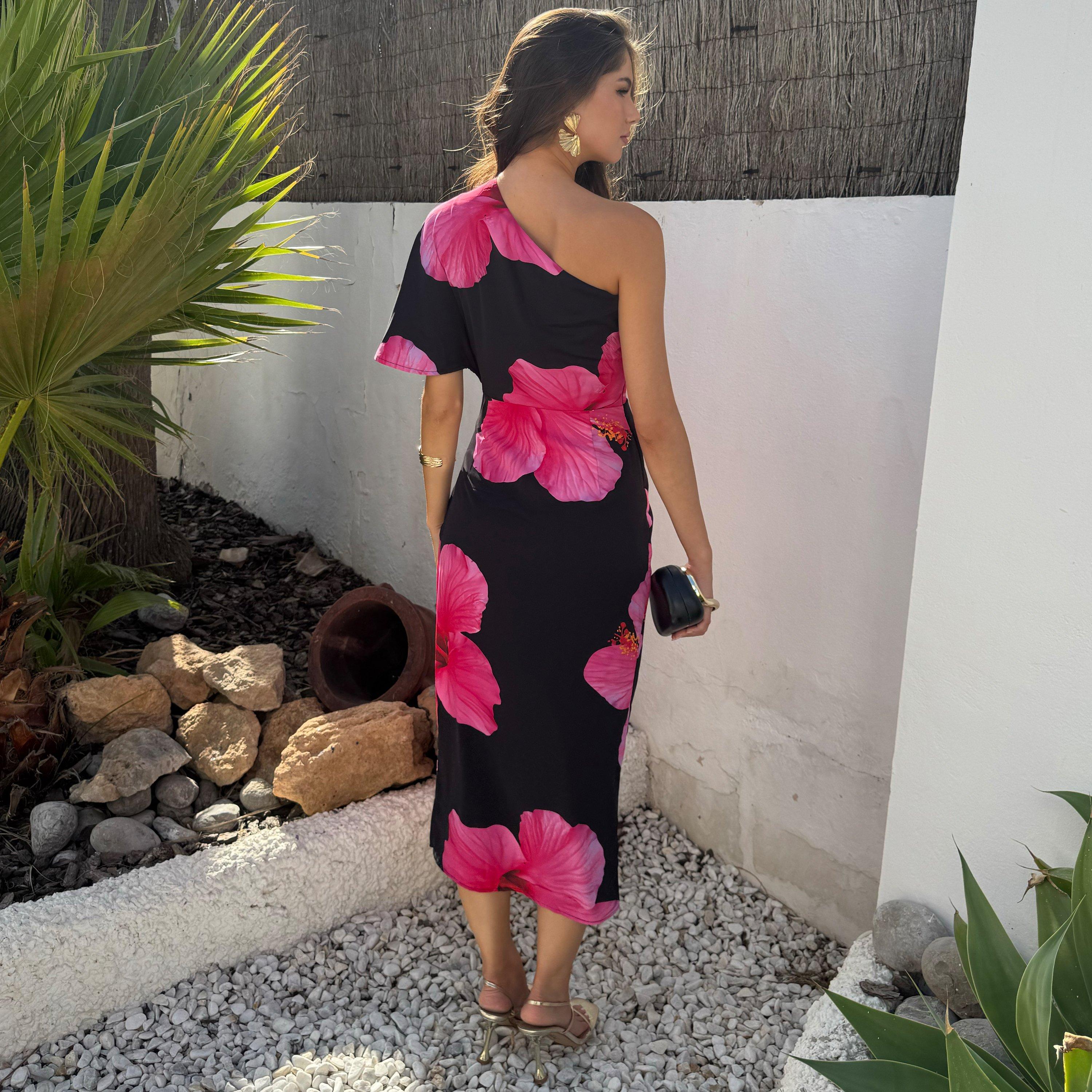 Black - AX Paris - And Magenta Floral Print One Sleeve Midi Dress - 3