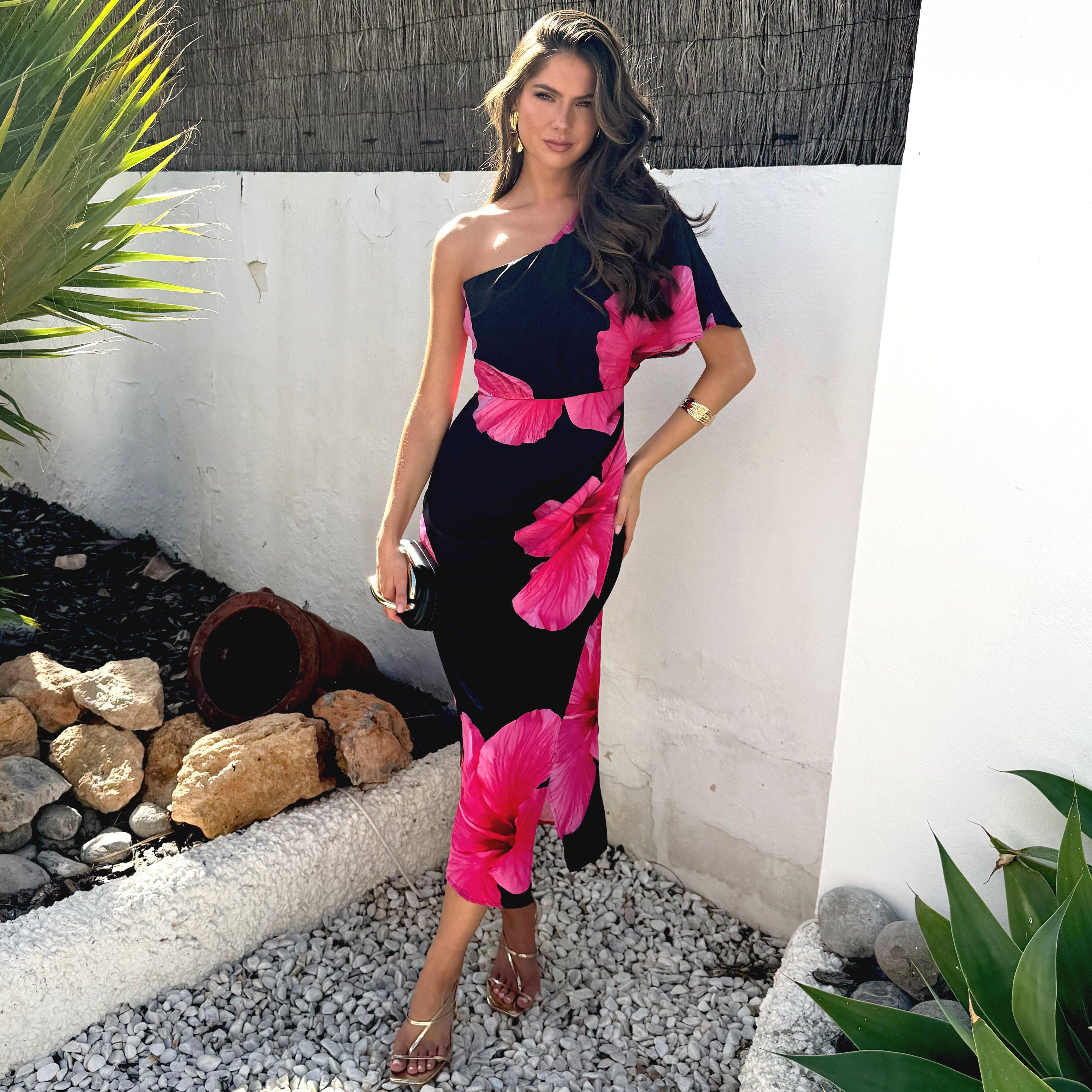 Zwart - AX Paris - Black And Magenta Floral Print One Sleeve Midi Dress - 5
