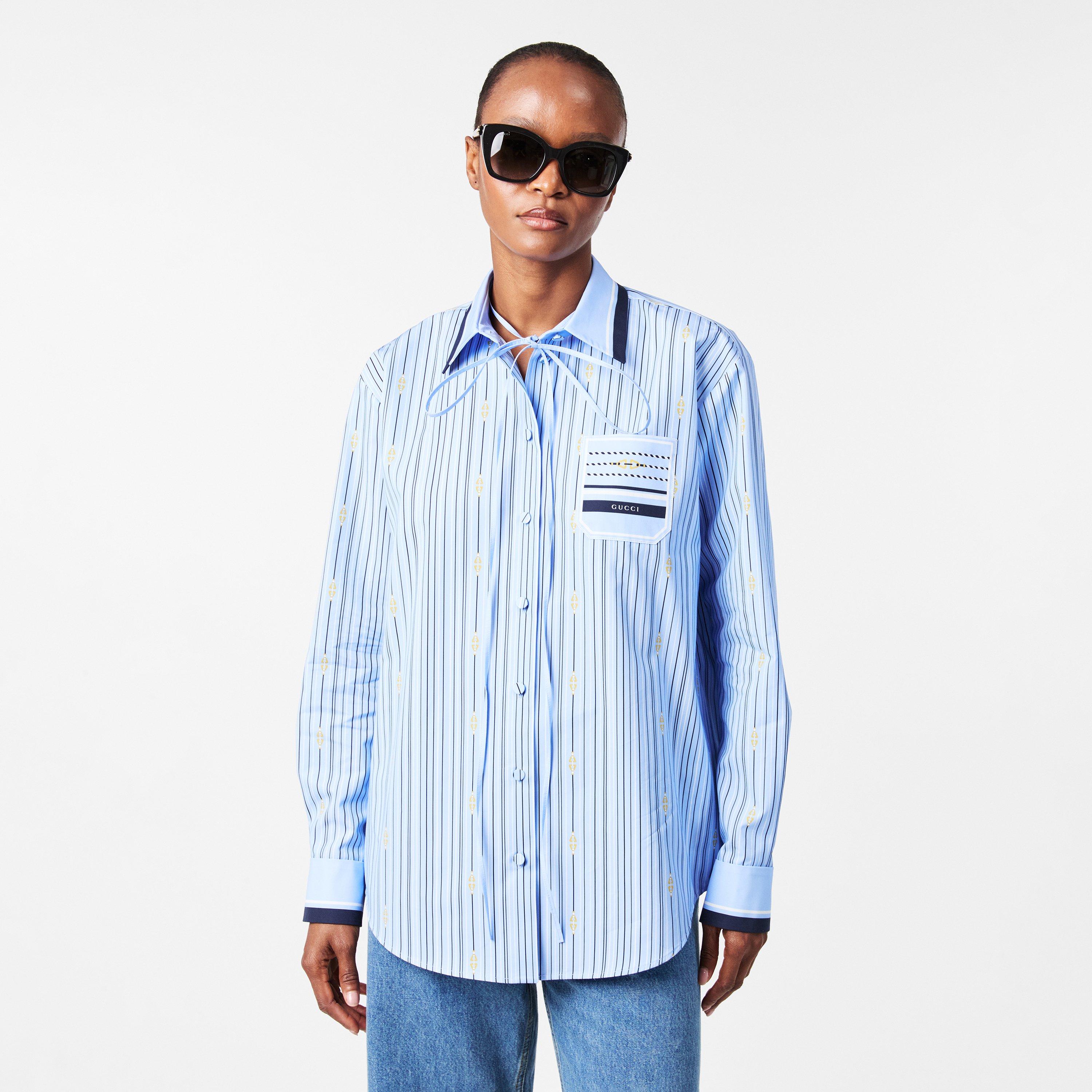 Azure/Blue - Gucci - Horsebit Striped Cotton Shirt - 3
