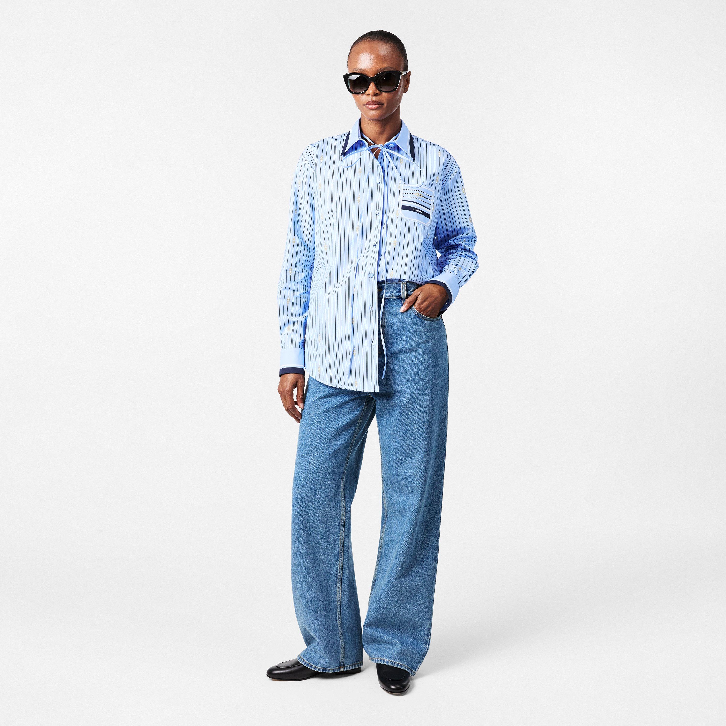 Azure/Blue - Gucci - Horsebit Striped Cotton Shirt - 6