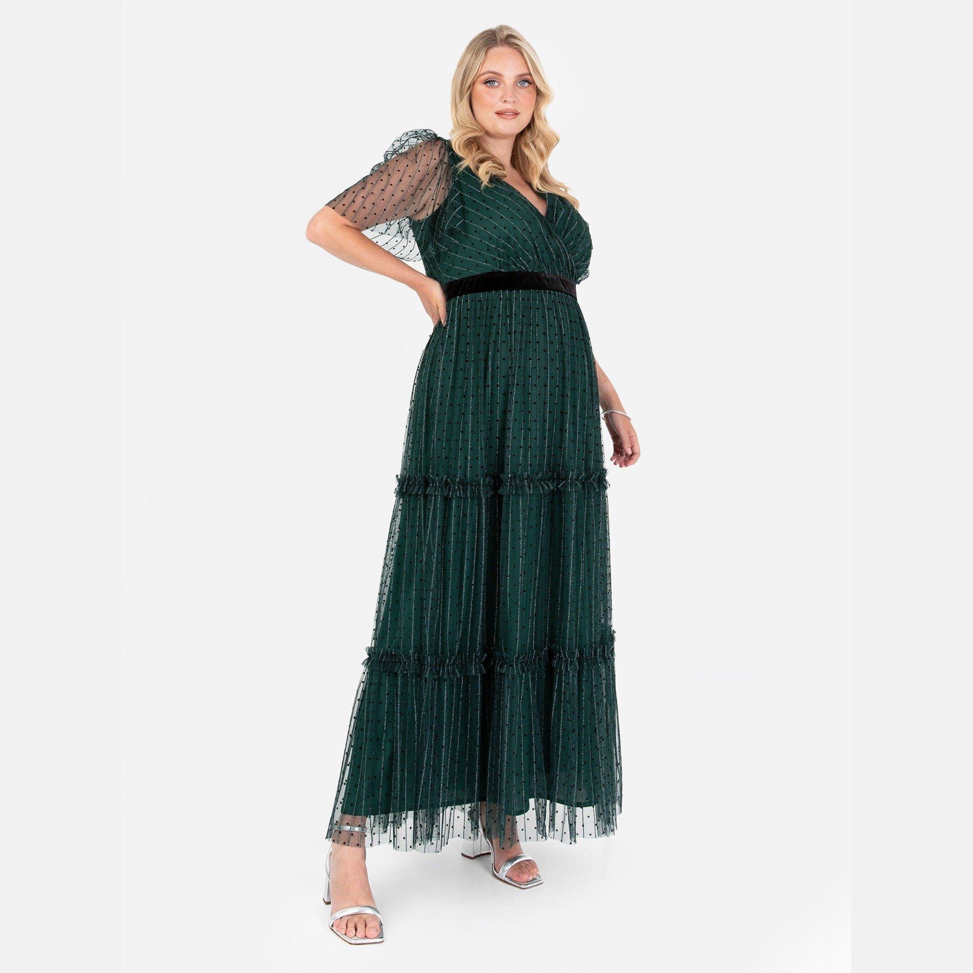 Lovedrobe Women's Luxe Polka Dot & Stripe Tiered Maxi Dress - Emerald - 12 (M)