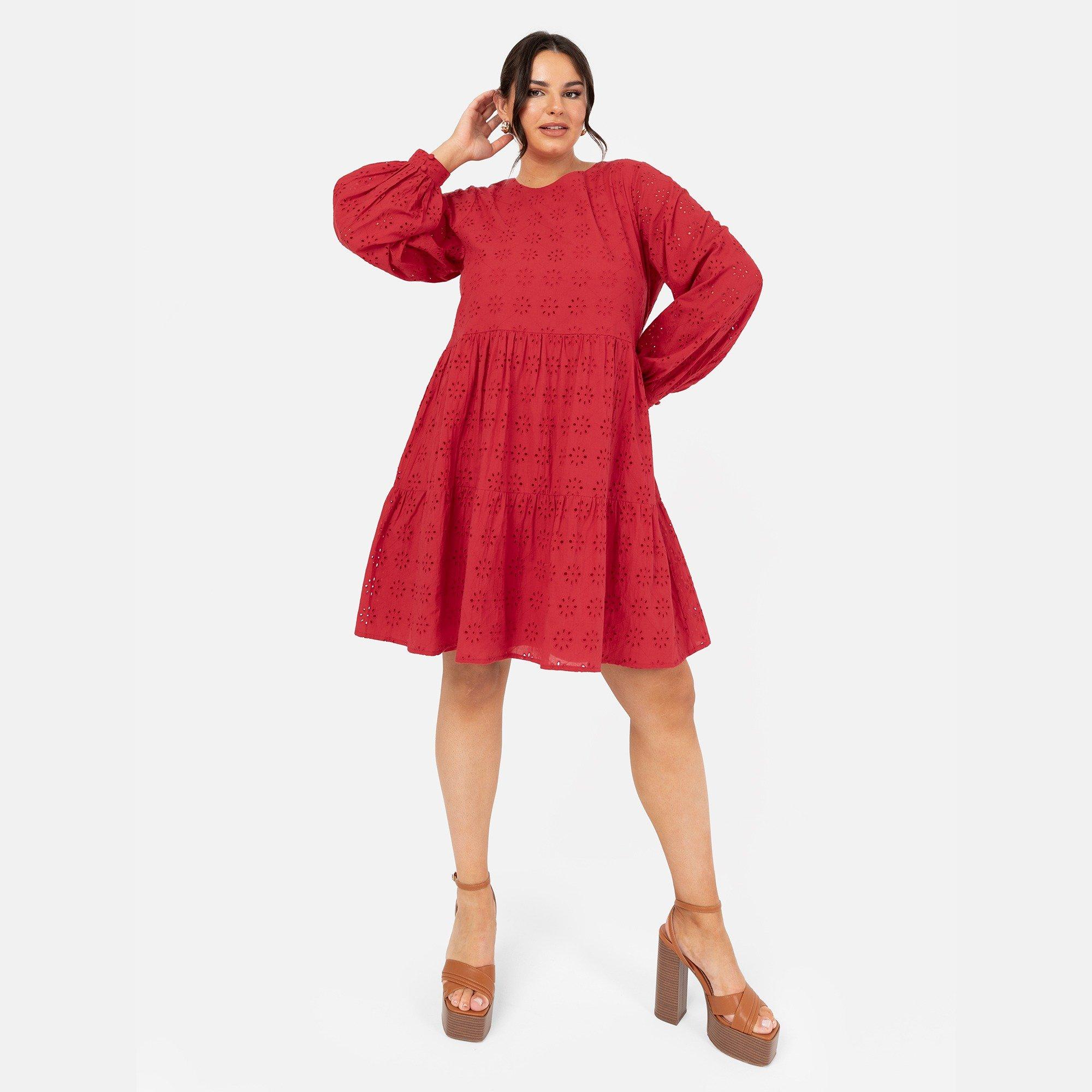 Lovedrobe Women's Maxi Sleeve Broderie Smock Dress Red - 20 (3XL)