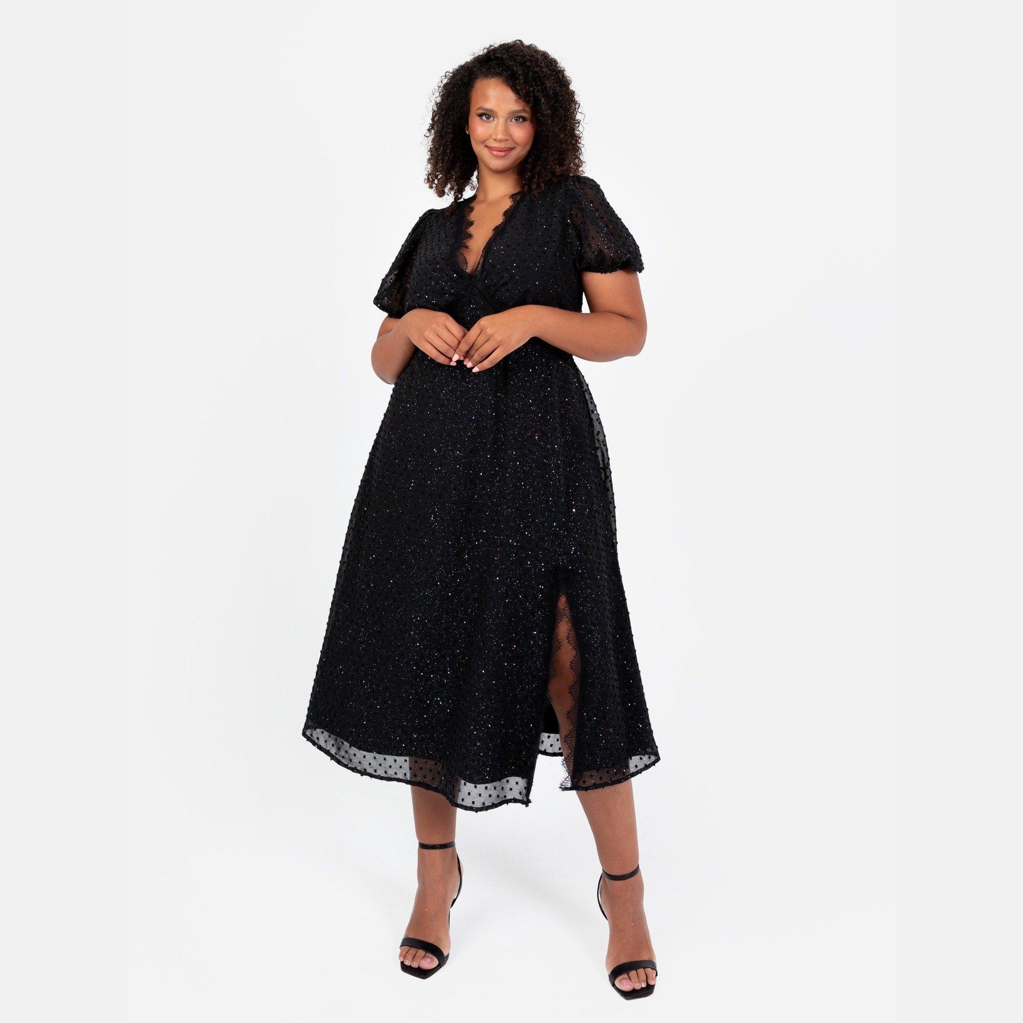 Lovedrobe Women's Sparkly Glitter V Neck Midi Dress With Lace Trims Black - 10 (S)