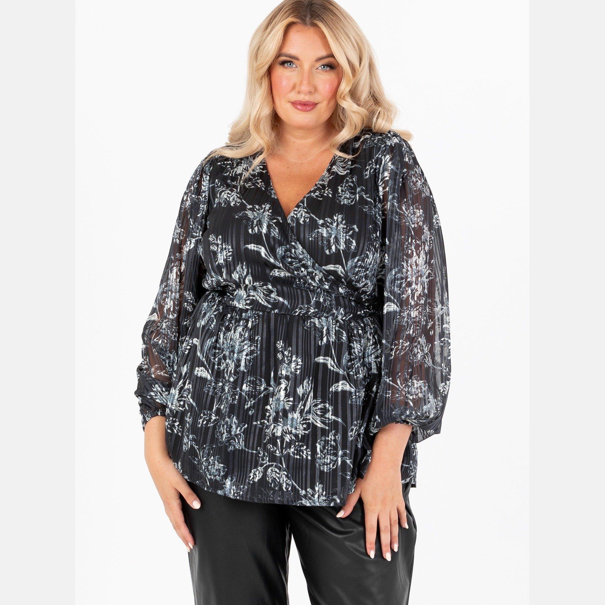 Lovedrobe Women's Monochrome Floral Maxi Sleeve Wrap Top - Black - 26 (6XL)