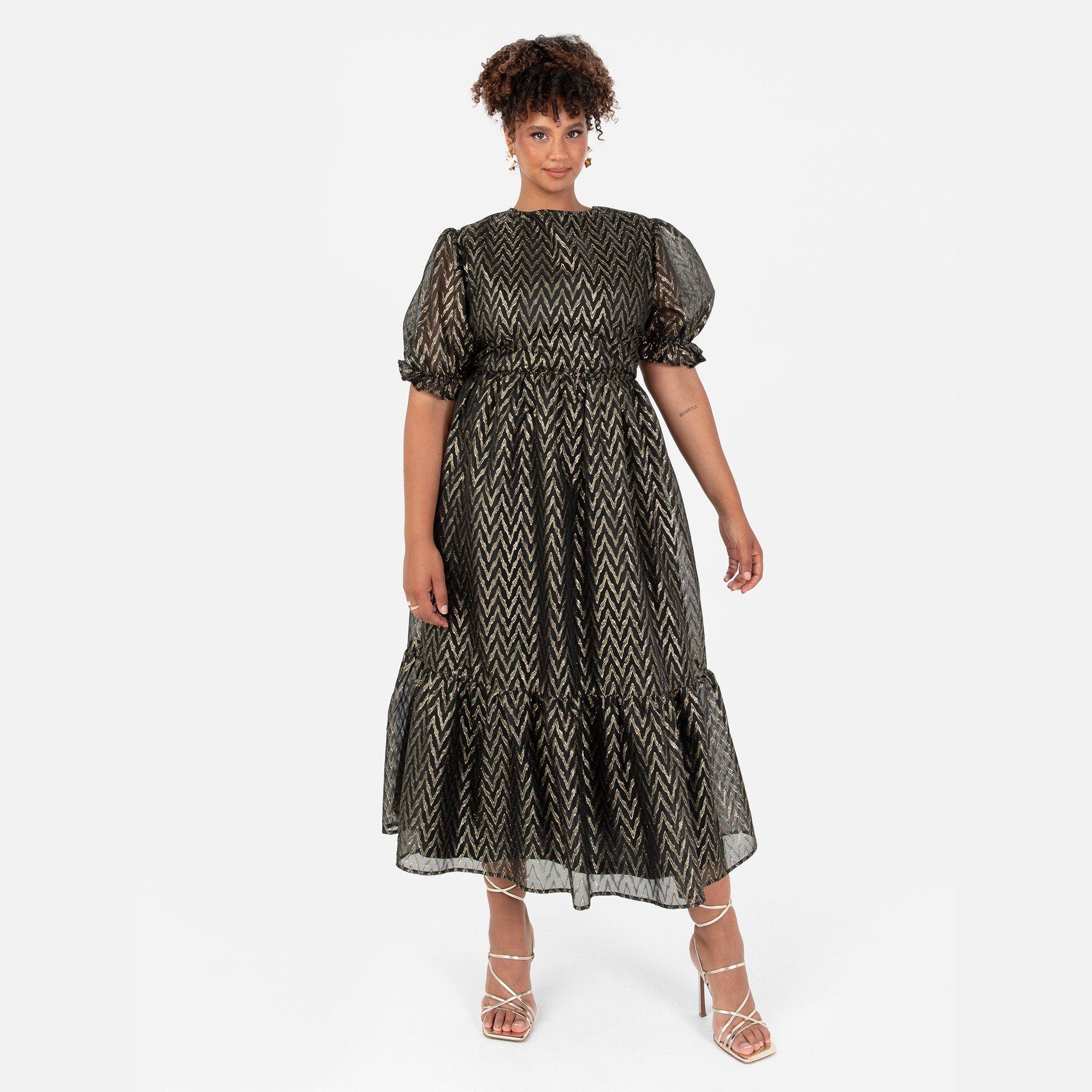Lovedrobe Women's Metallic Zig-Zag Tie-Back Midi Dress - Gold - 12 (M)