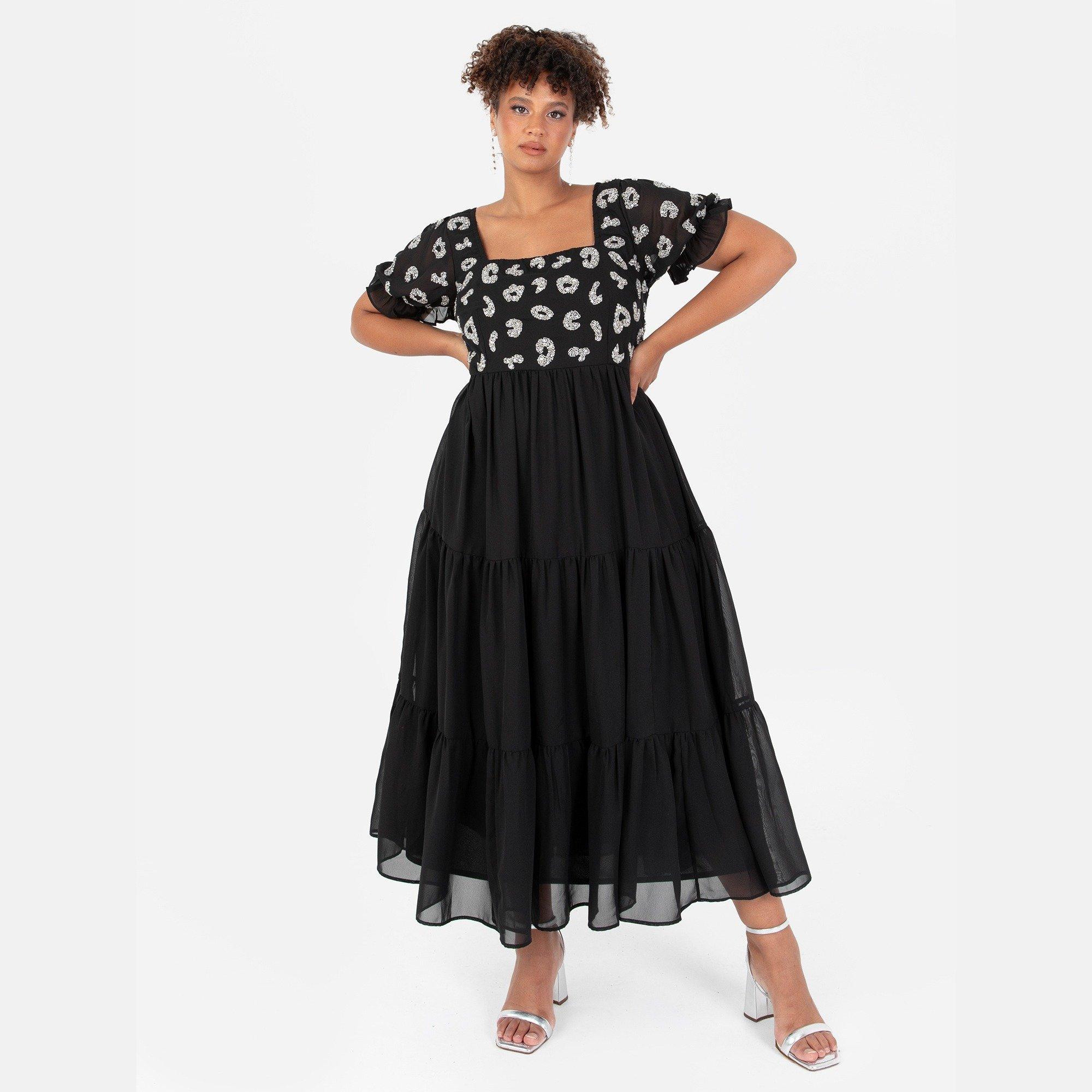 Black - Lovedrobe - Lovedrobe Luxe Black Square Neck Embellished Midi Dress - 1