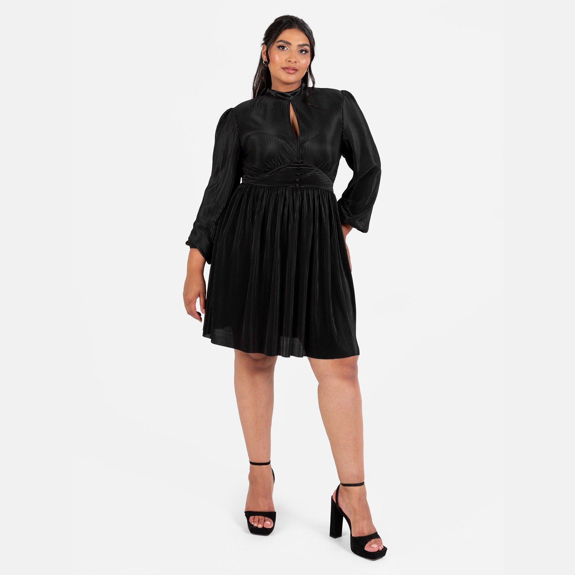 Black - Lovedrobe - Lovedrobe Black Plisse High Neck Maxi Sleeve Mini Dress - 1