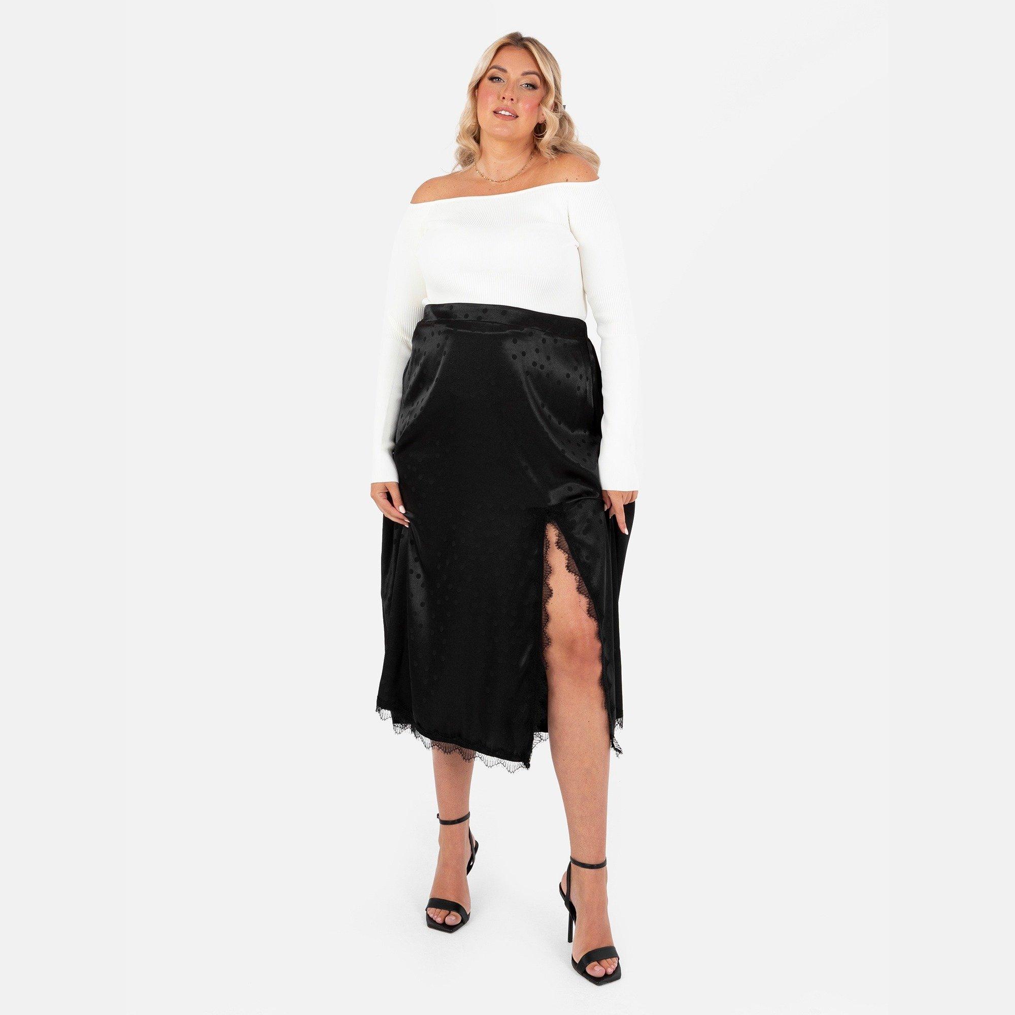 Lovedrobe Women's Polka Dot Satin Skirt With Lace Trims Black - 8 (XS)