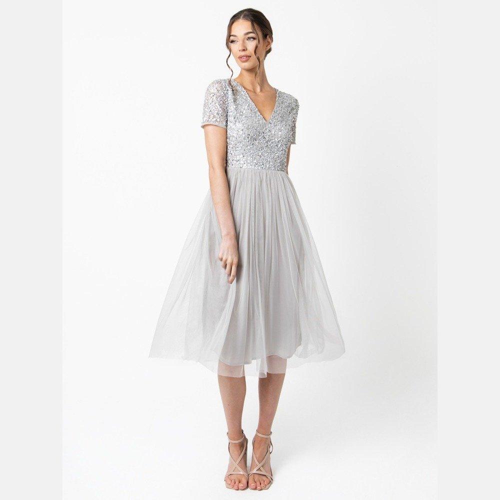 Maya Deluxe Women's Maya Emerald V Neckline Embellished Midi Dress - Soft Grey - 10 (S)