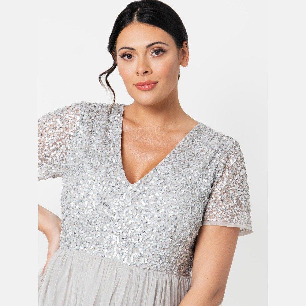 maya deluxe grey dress | Maya Emerald V Neckline Embellished Midi vendor sale dj