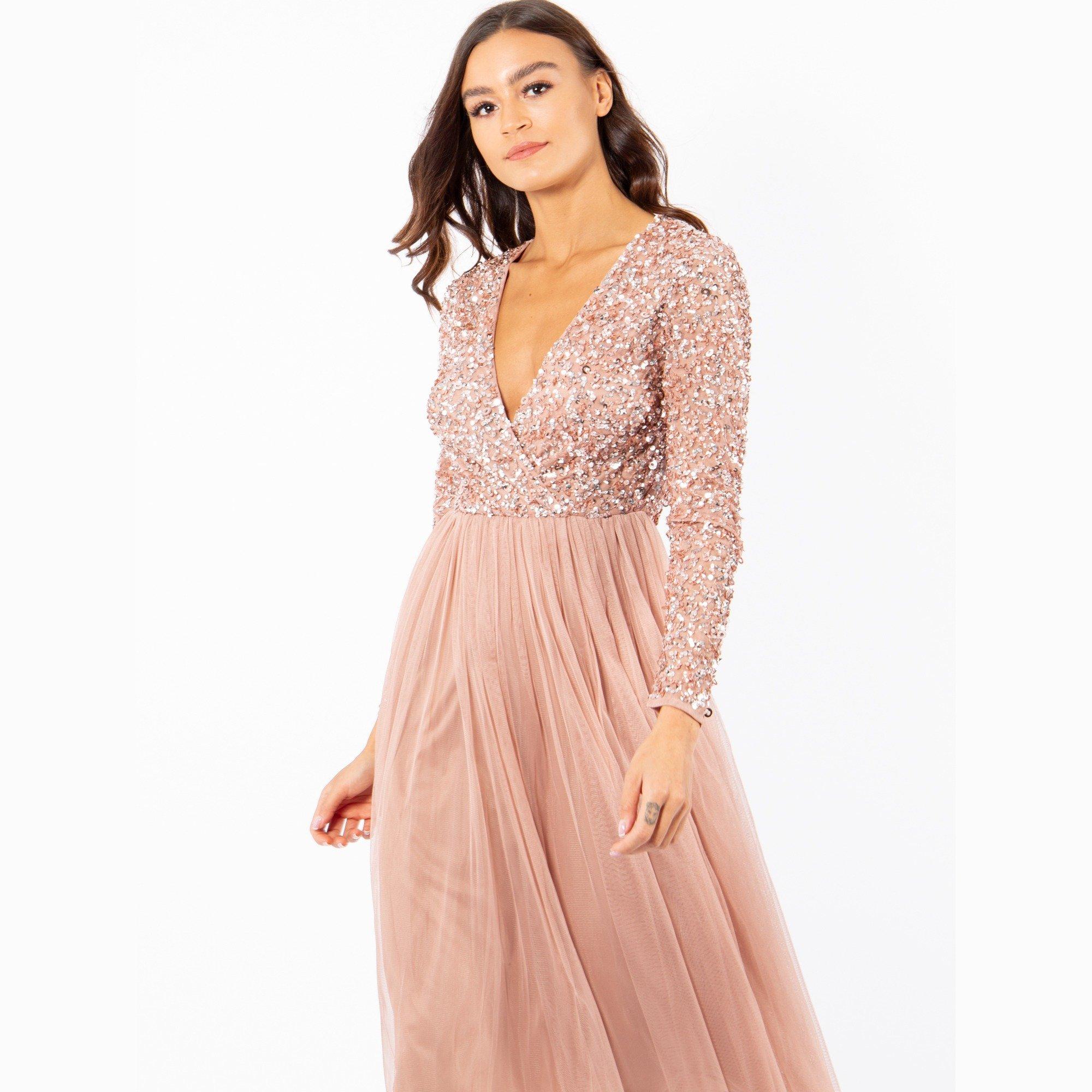 Pale Mauve - Maya Deluxe - Maya Faux Wrap Front Embellished Midi Dress - 3