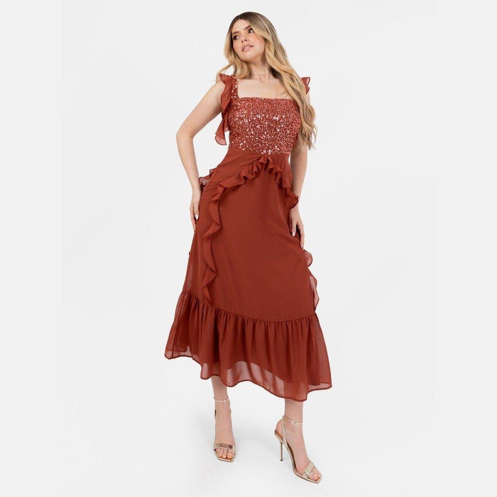 Rust - Maya Deluxe - Maya Embellished Strappy Midi Dress with Ruffle Detail - 1