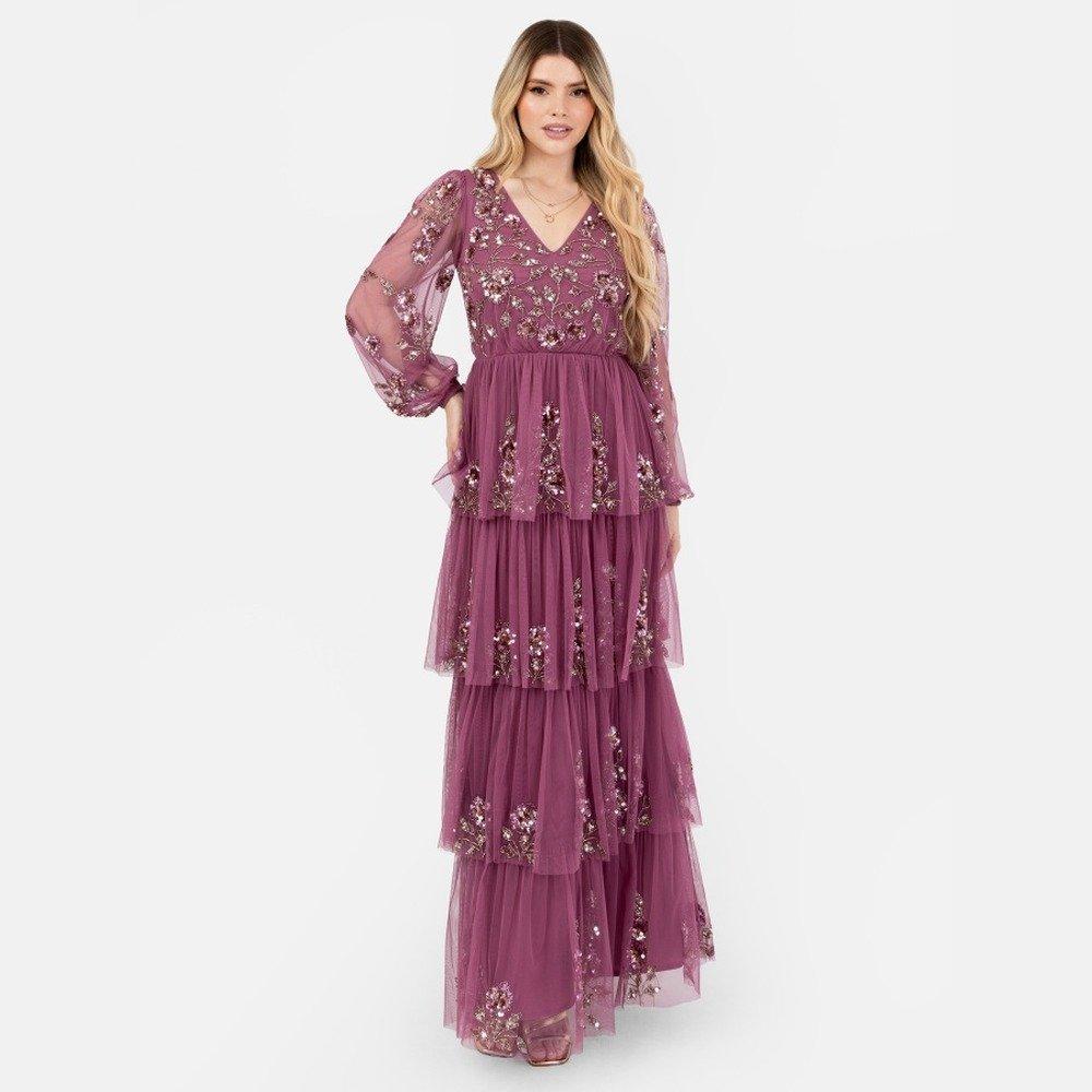 Maya Deluxe Women's Maya Purple Embellished Maxi Sleeve Tiered Maxi Dress - Rose - 6 (2XS)