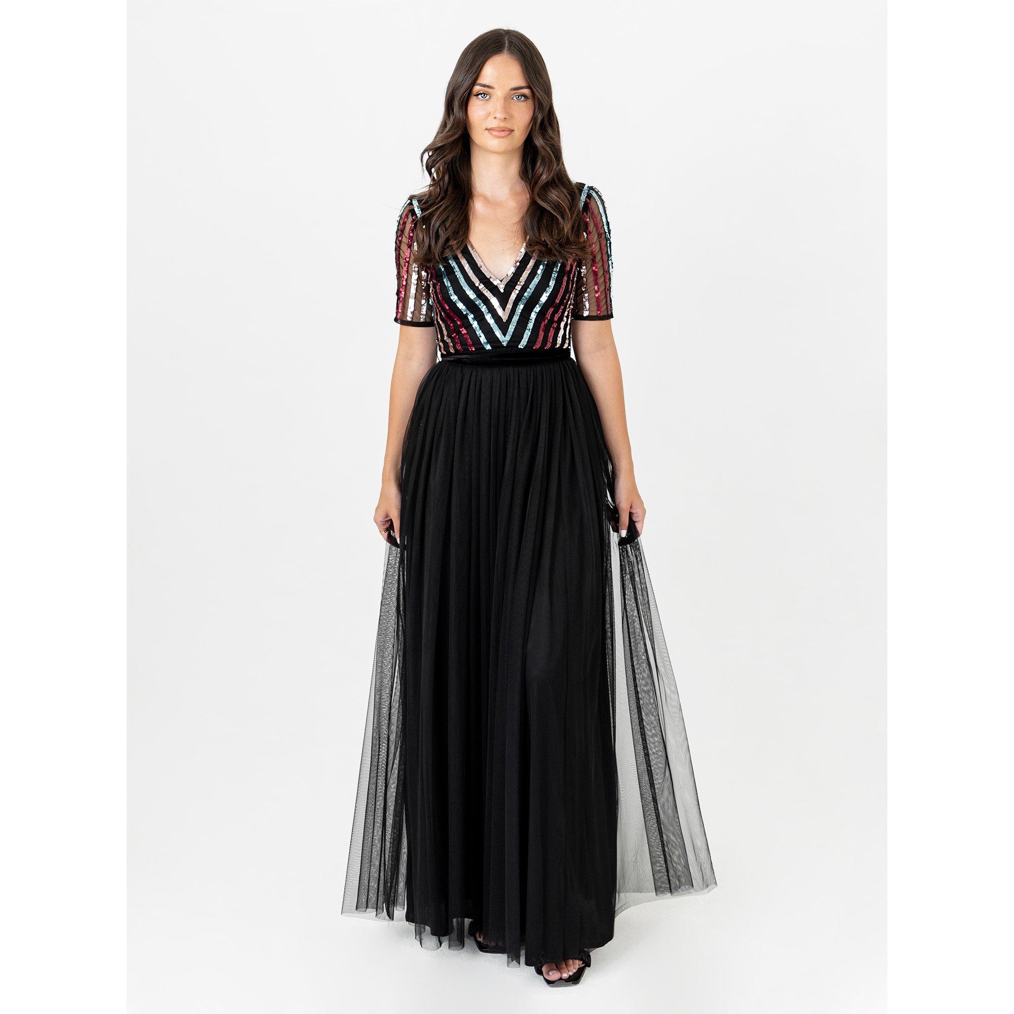Black - Maya Deluxe - Maya Multi Stripe Embellished Black Maxi Dress with Velvet Sash Belt - 1