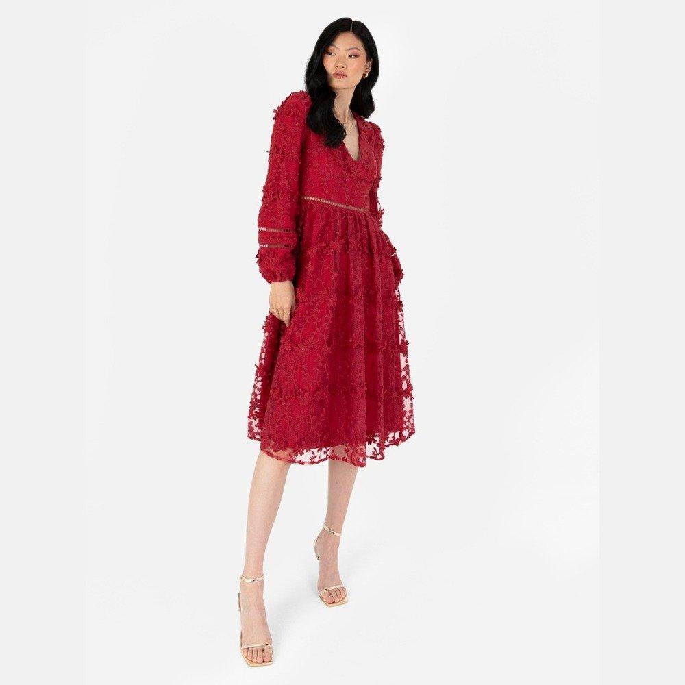 Maya Deluxe Women's Maya 3D Floral Embroide Maxi Sleeve Midi Dress Red - 20 (3XL)