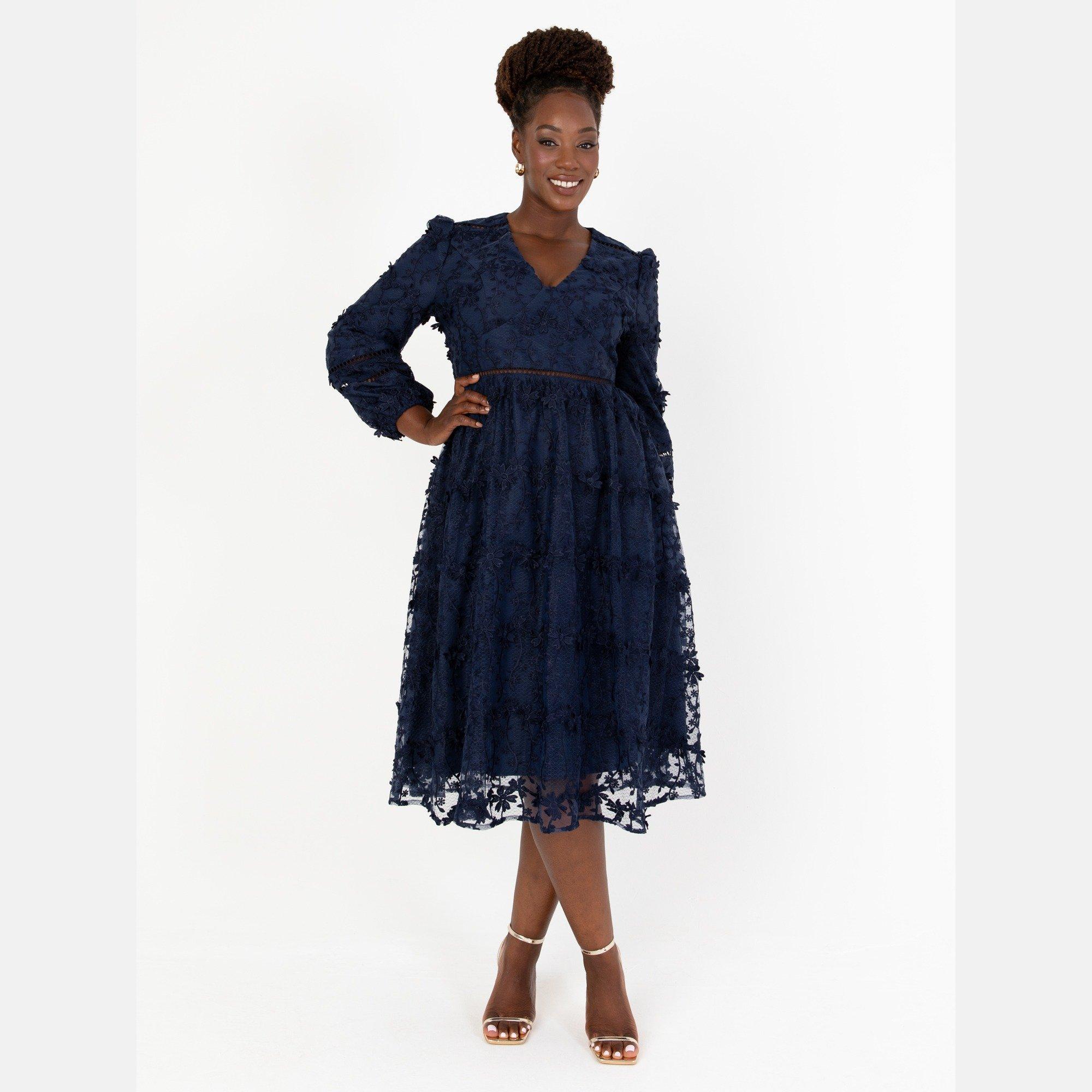 Navy - Maya Deluxe - Maya 3D Floral Embroidered Maxi Sleeve Midi Dress - 1