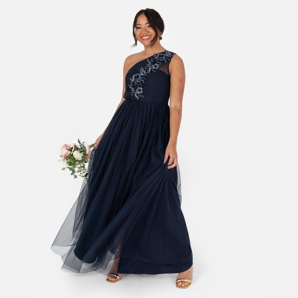 Maya Deluxe Women's Maxi Dress Ladies Modest Round Neck Long Bell Sleeve Sequin Embellished Tiered Ruffle A-Line Bridesmaid Prom, Frosted Pink, 38