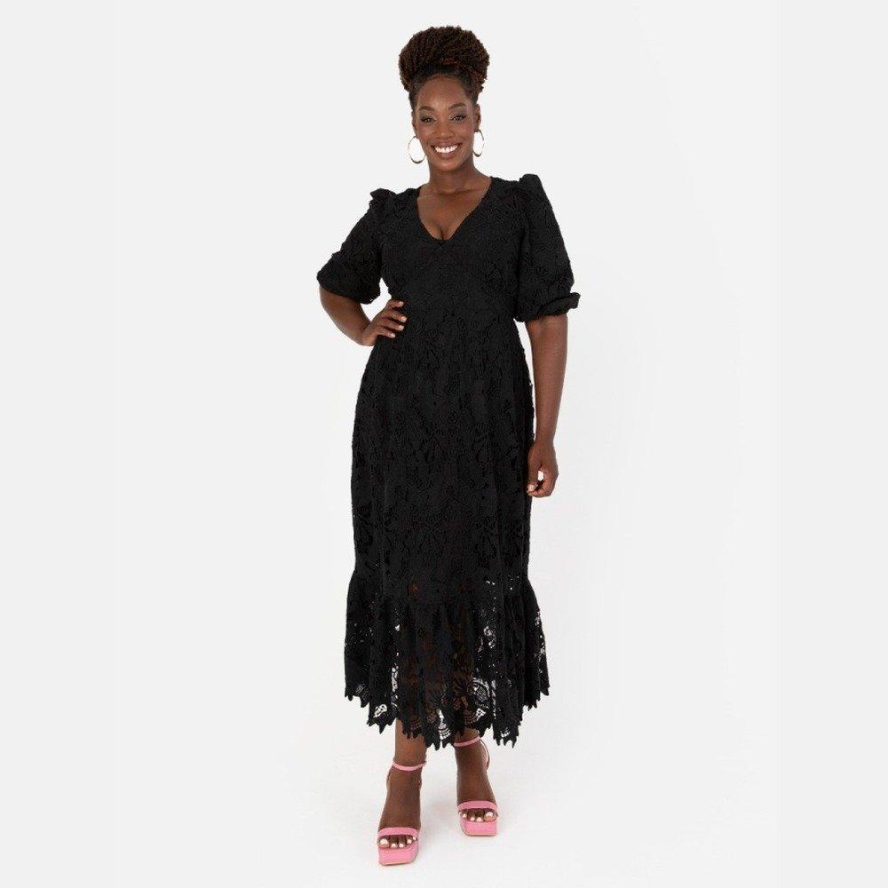 Black - Maya Deluxe - Maya Black Floral Lace Tie-Back Midaxi Dress - 1