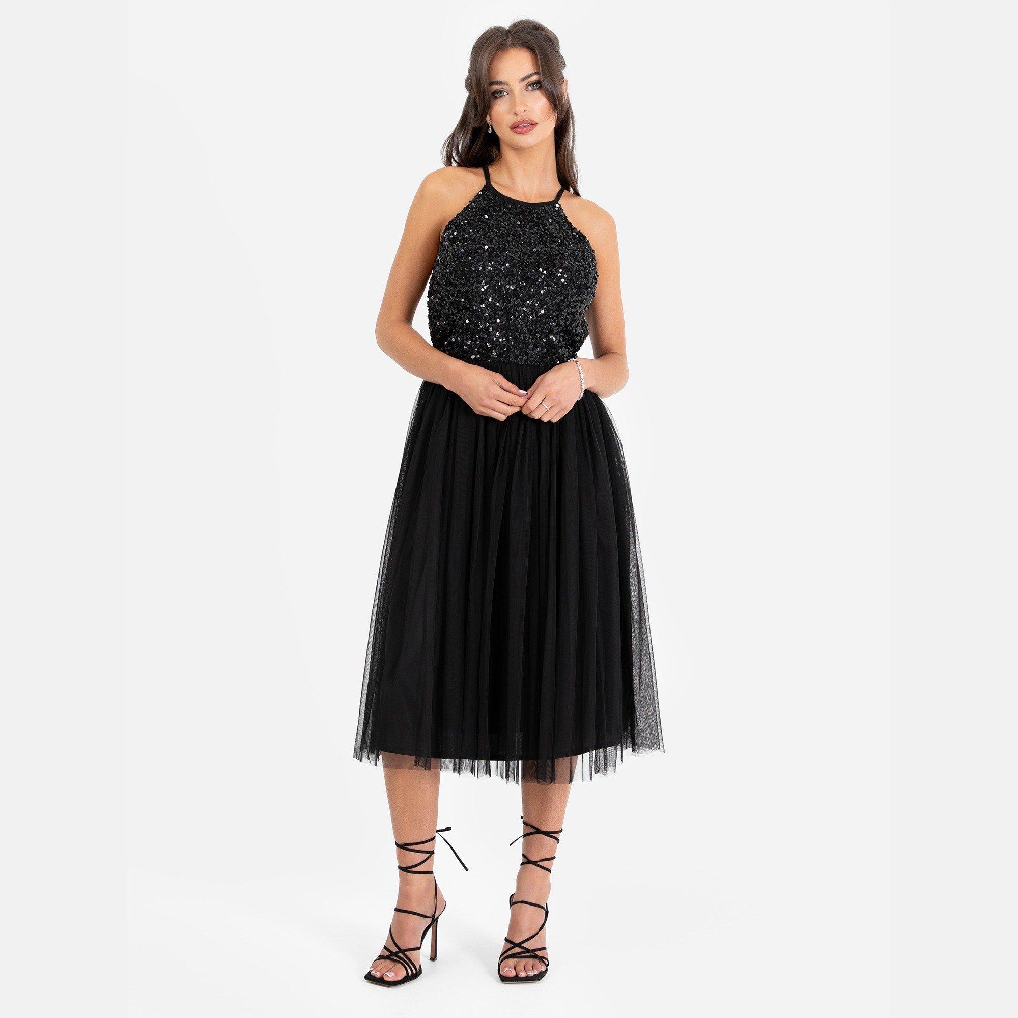 Maya Deluxe Women's Maya Embellished Halter Neck Midi Dress - Black - 28 (7XL)