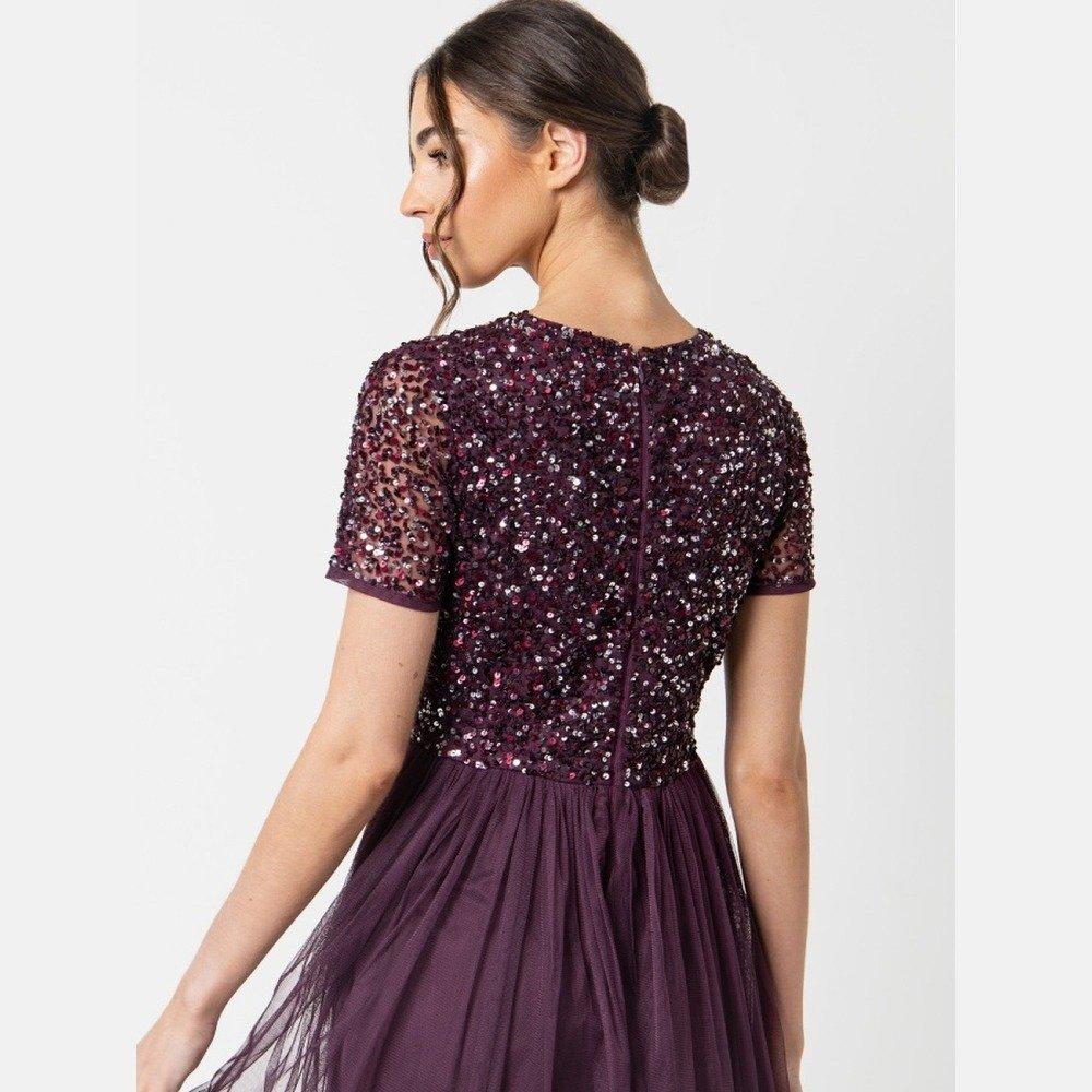 Maya Deluxe Maxi-jurk voor dames, bruidsmeisjesjurk, halterjurk, pailletten, versierd, afstudeerbal, bruiloft, jurk voor speciale gelegenheden, berry, 46