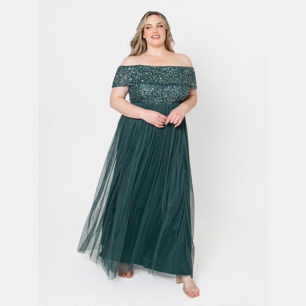 Maya Deluxe Women's Maya Green Bridesmaid Bardot Embellished Maxi Dress Emerald - 22 (4XL)