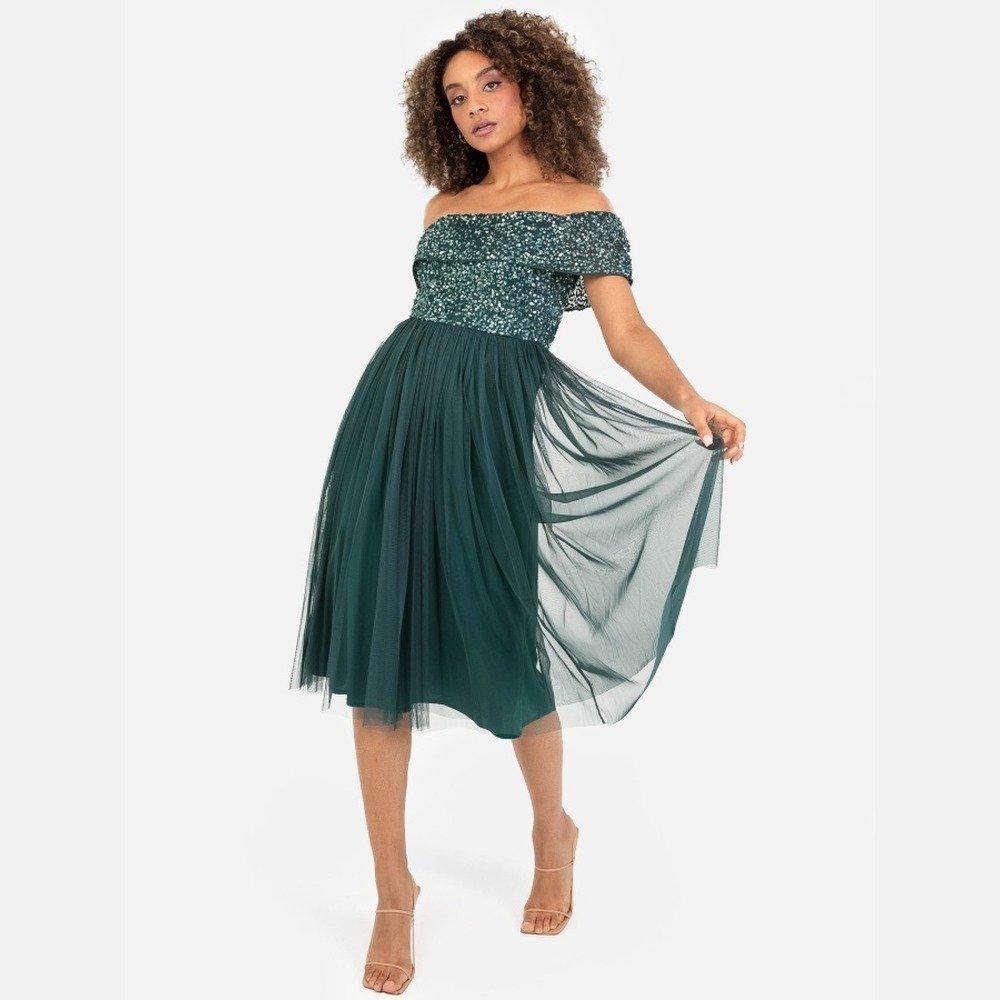 Maya Deluxe Women's Maya Bardot Embellished Midi Dress - Emerald - 10 (S)