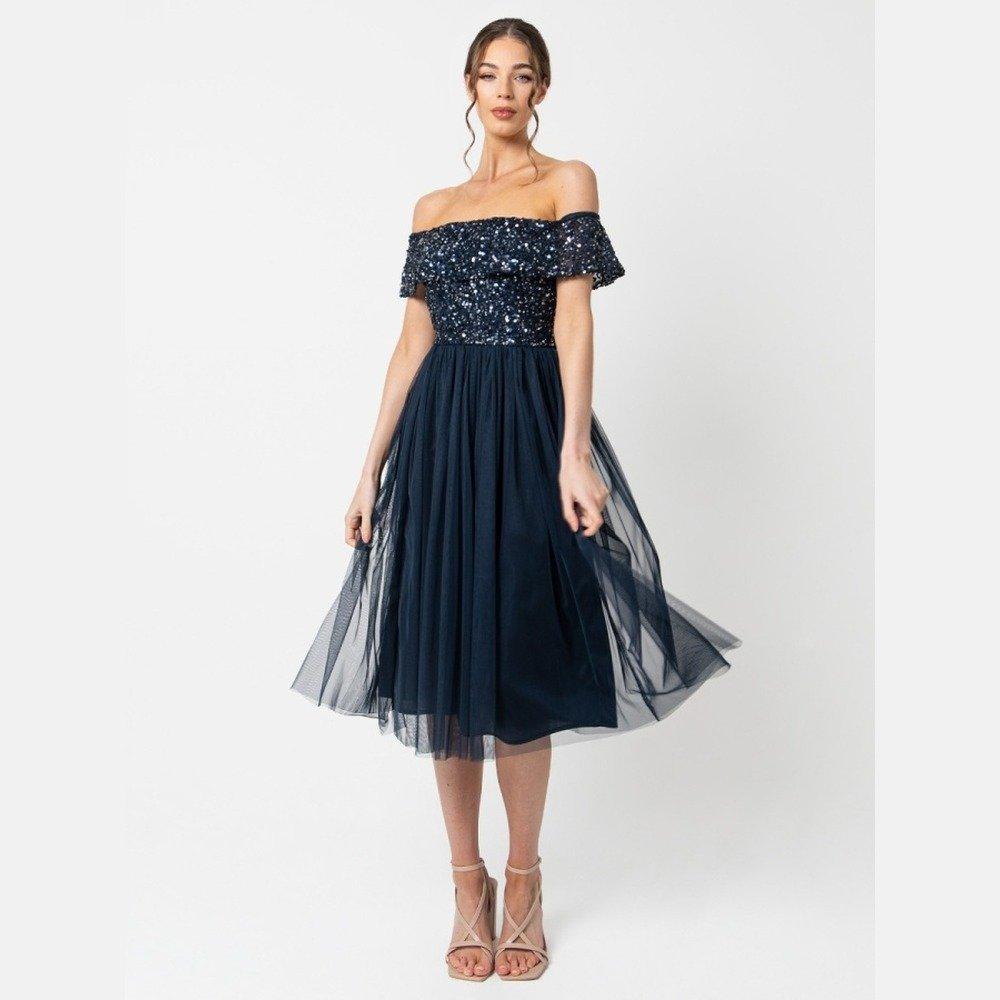 Maya Deluxe Women's Maya Bardot Embellished Midi Dress - Navy - 10 (S)