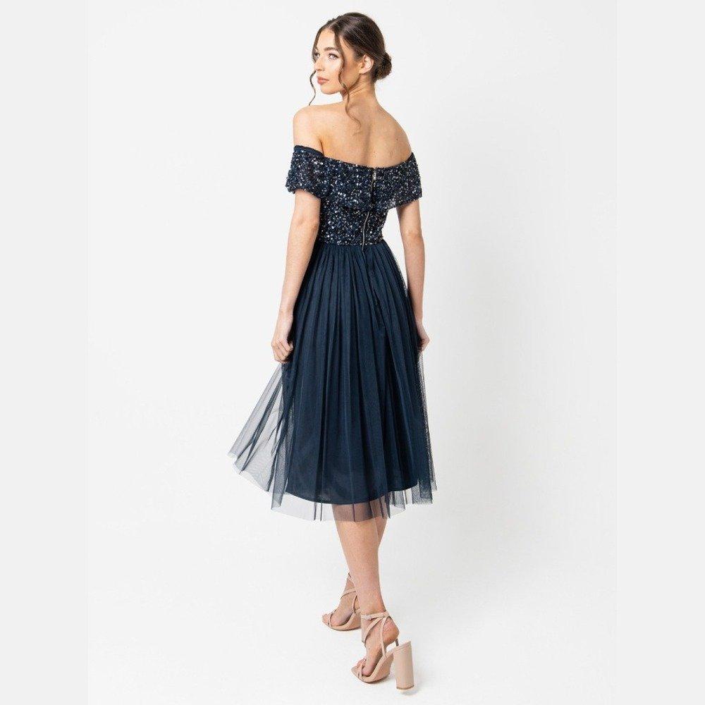 Navy - Maya Deluxe - Maya Bardot Embellished Midi Dress - 2