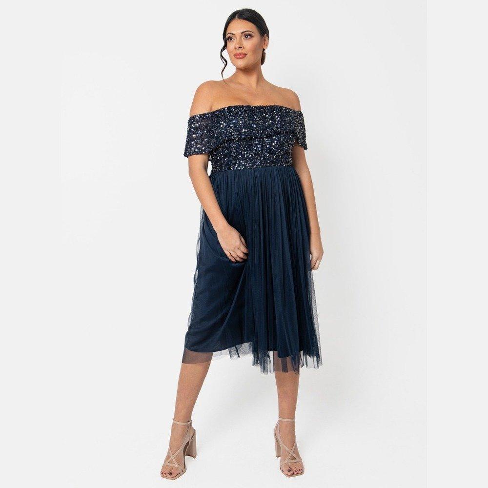 Navy - Maya Deluxe - Maya Bardot Embellished Midi Dress - 3