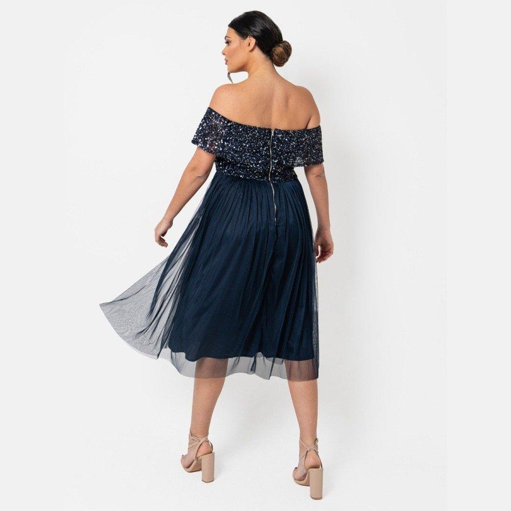 Navy - Maya Deluxe - Maya Bardot Embellished Midi Dress - 4