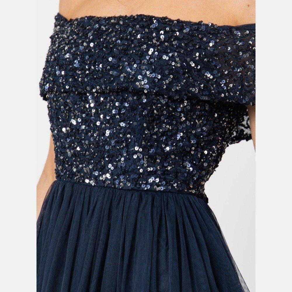 Navy - Maya Deluxe - Maya Bardot Embellished Midi Dress - 5