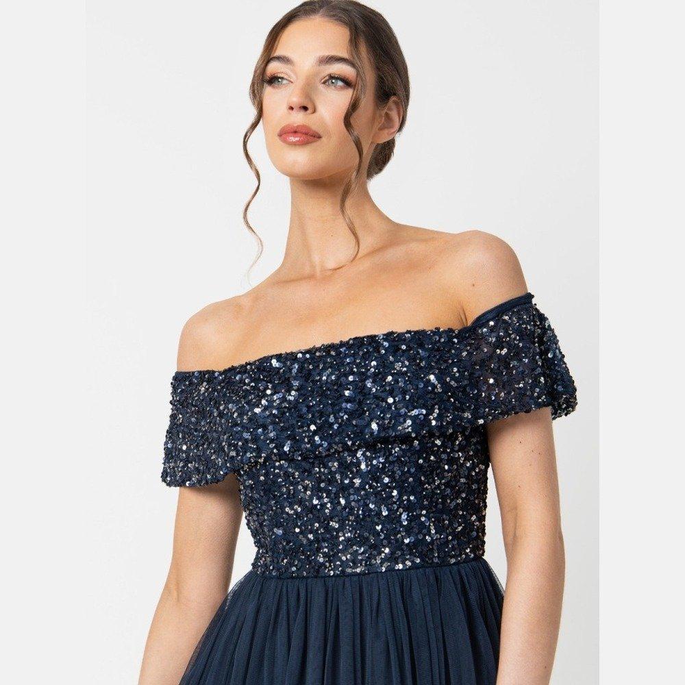 Navy - Maya Deluxe - Maya Bardot Embellished Midi Dress - 6