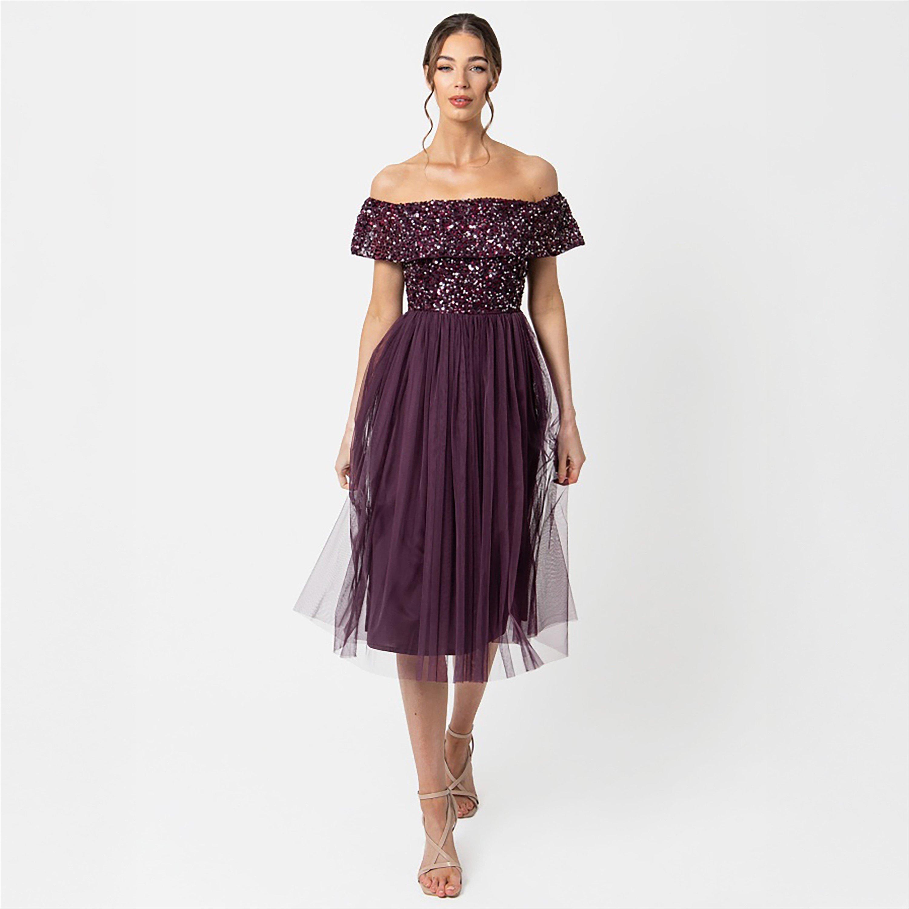 Maya Deluxe Women's Maya Bardot Embellished Midi Dress - Berry - 24 (5XL)