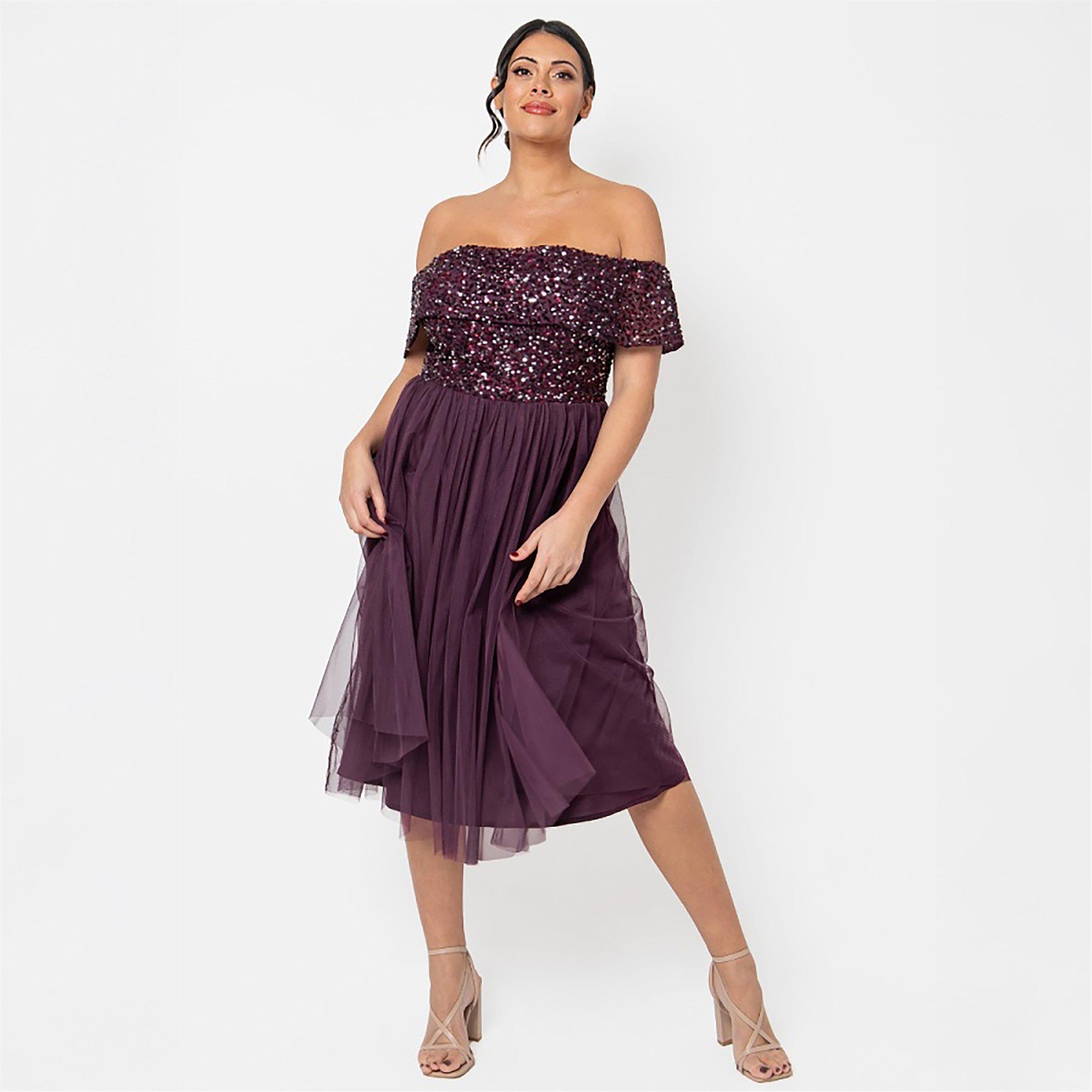 Maya Deluxe Robe Maxi Bardot Pailletée Berry - Robe Demoiselle D'Honneur Femme