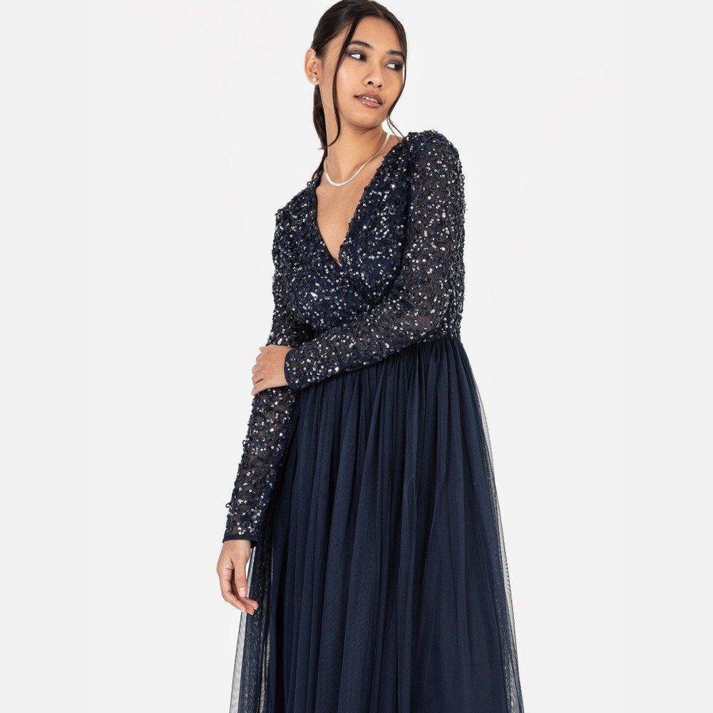 Navy - Maya Deluxe - Maya Faux Wrap Front Embellished Maxi Dress - 6